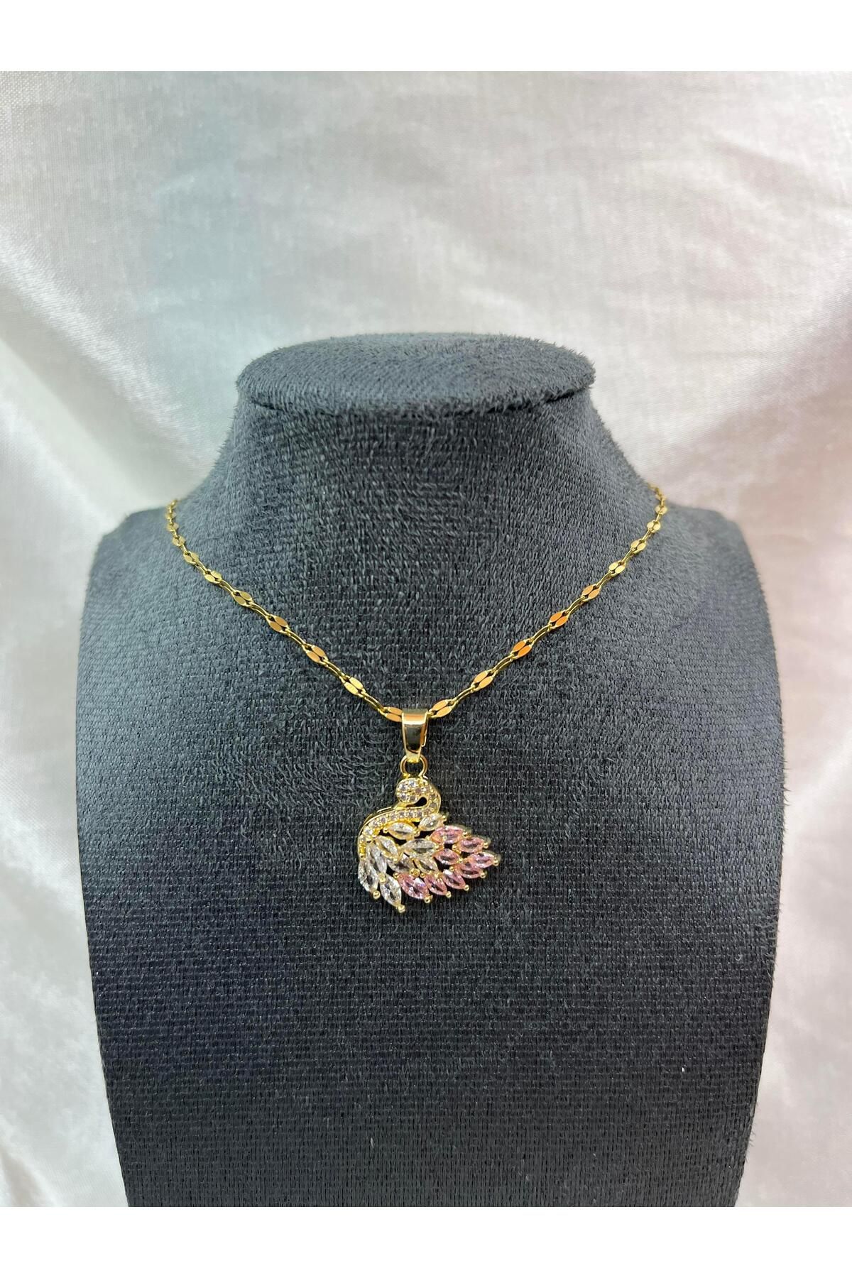 Lumierebijuteri Kuğulu Kolye (Pembe Taşlı)