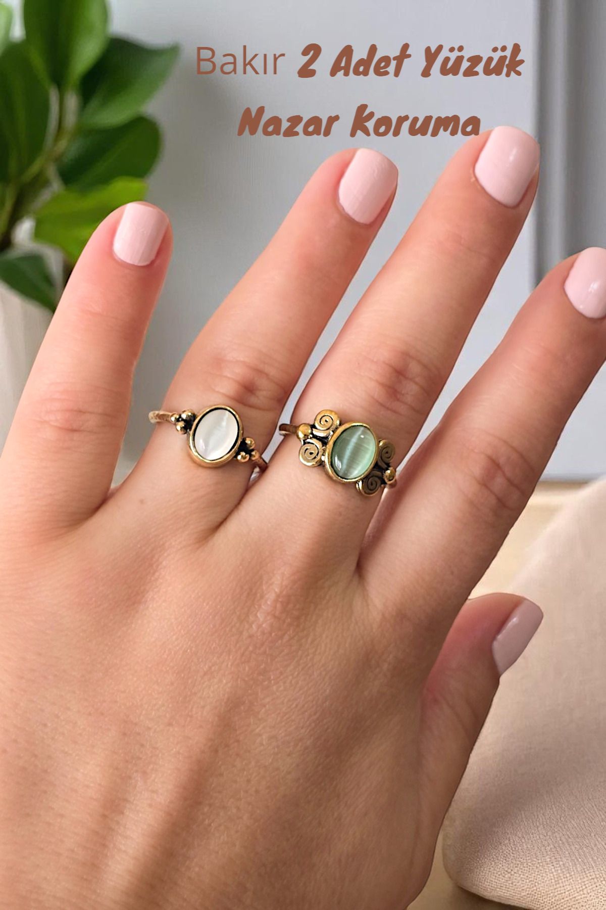 NBS Beautiful Naturel Stones SAF Bakır 2 Adet Ayarlanabilir Yüzük Kombin Kedi Göz Muhteşem Renkler KALİTELİ ZARİF HEDİYELİK