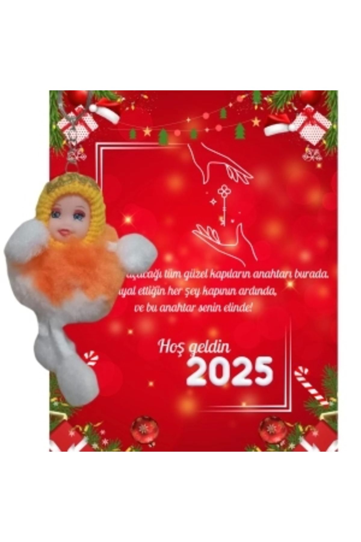 STOREMAX Yeni Yıl 2025 Kart Üzerinde Anahtarlık (Kişiye Özel Yazı Yazdırılabilir) Peluş Bebek 5 adet