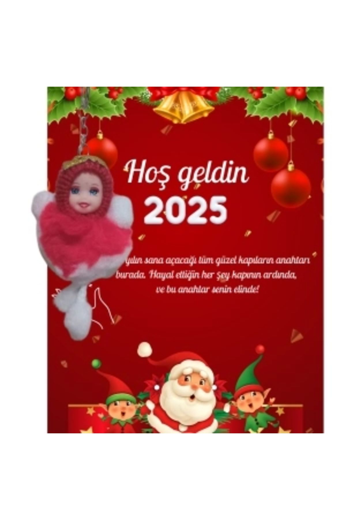 STOREMAX Yeni Yıl Noel Baba Kart Üzerinde Anahtarlık (Kişiye Özel Yazı Yazdırılabilir) Peluş Bebek