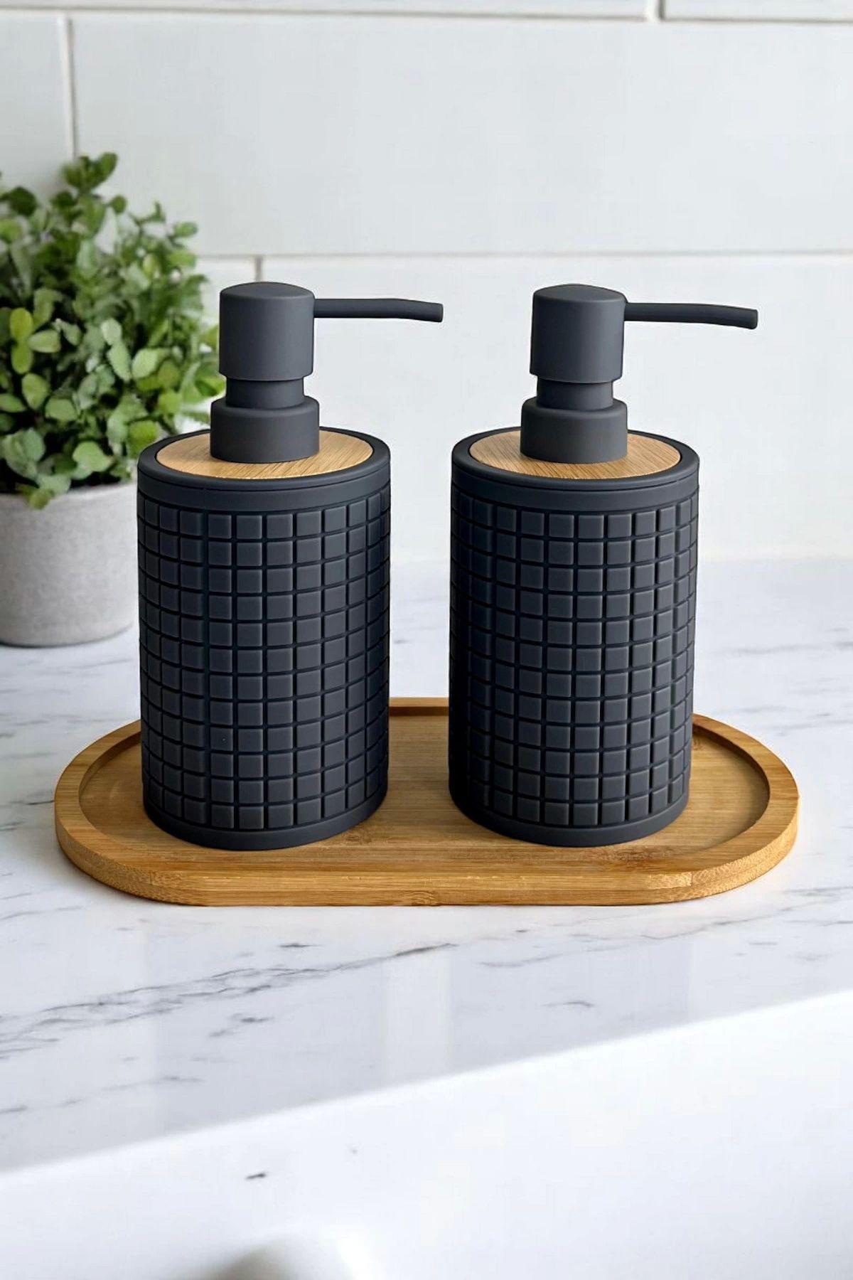 Tilbe Home 2li Retro Still Sıvı Sabunluk Seti 500ml Mutfak Banyo Kare Figürlü Hands Dishes Bambu Stantlı Set