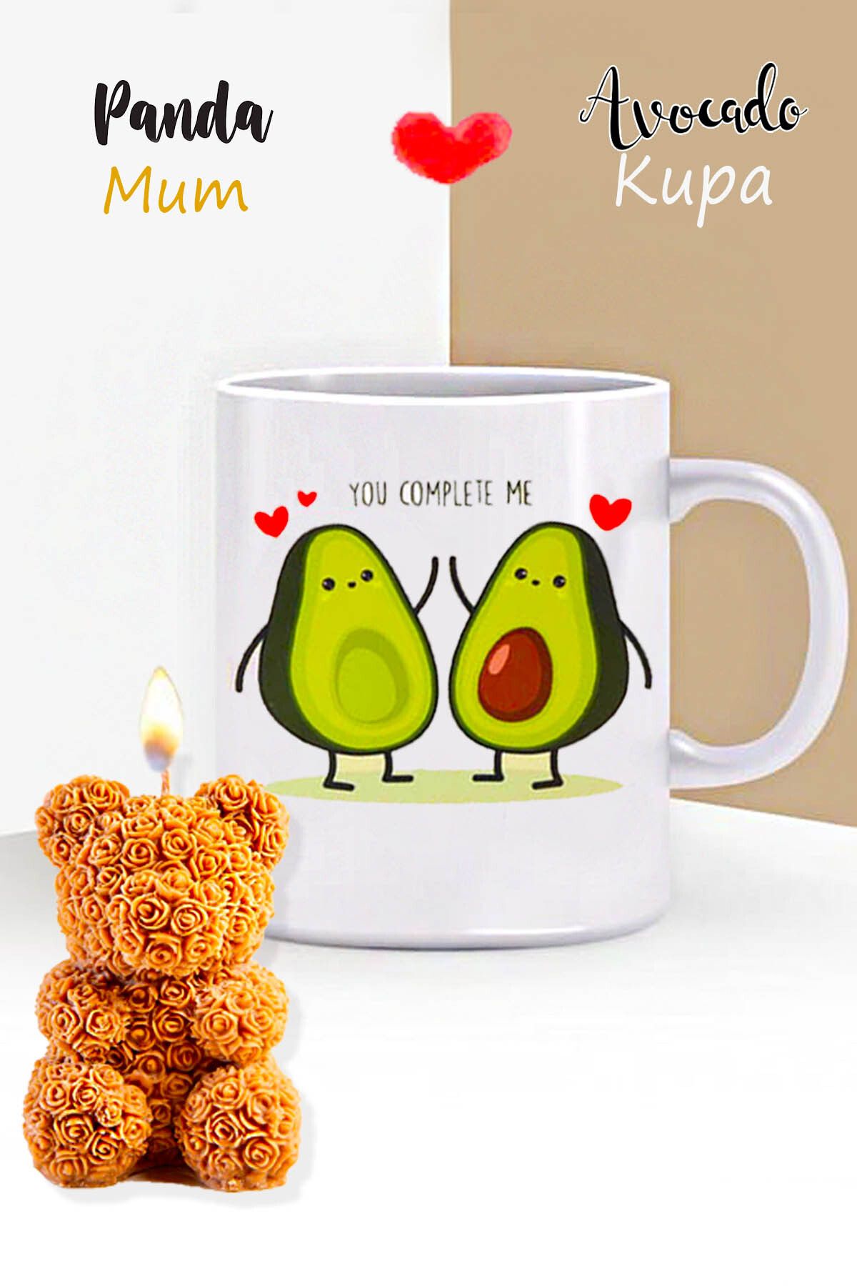 RETROGO Avakado Avokado Kupa & Gül Desenli Ayıcık Mum Hediye Seti