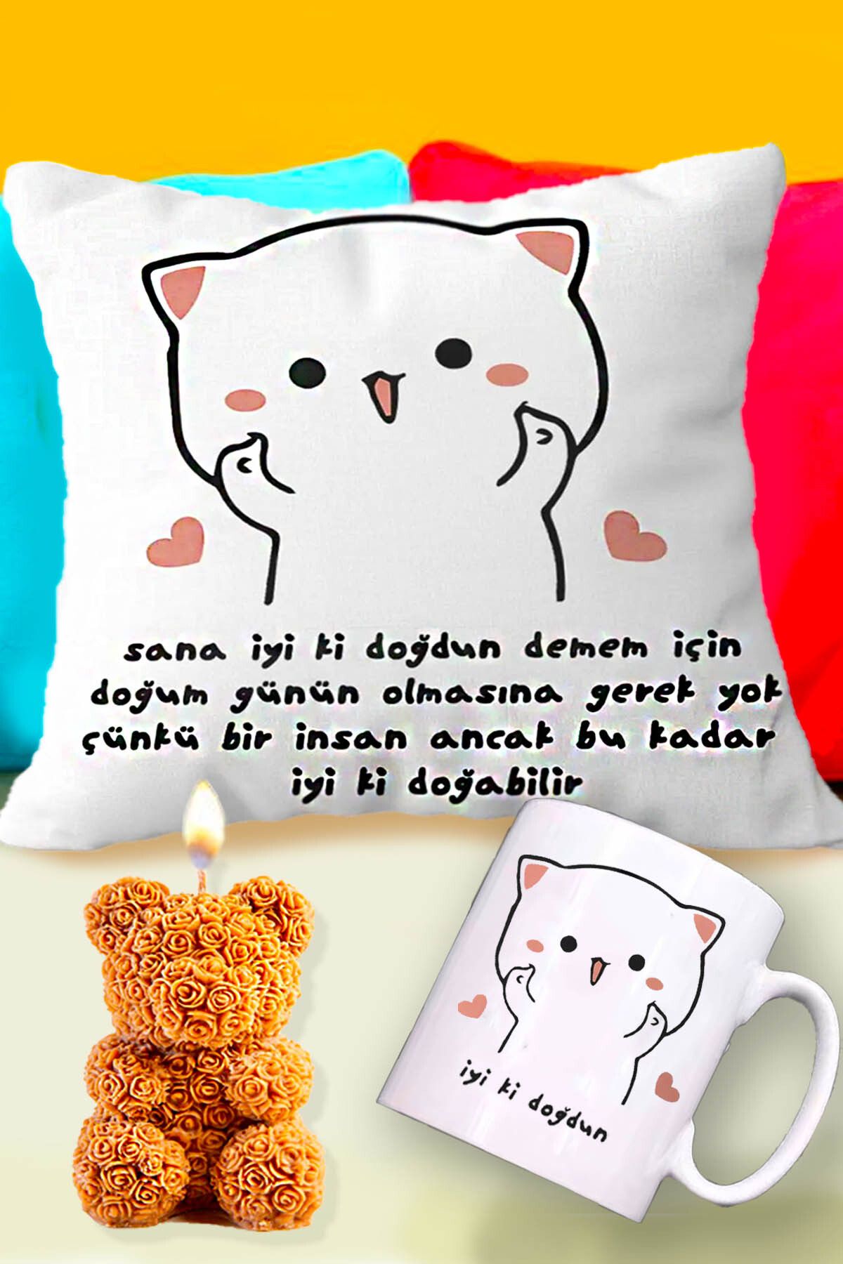 RETROGO Iyi Ki Doğdun Doğum Günü Yastık & Kupa & Teddy Bear Gül Ayıcık Hediye Seti