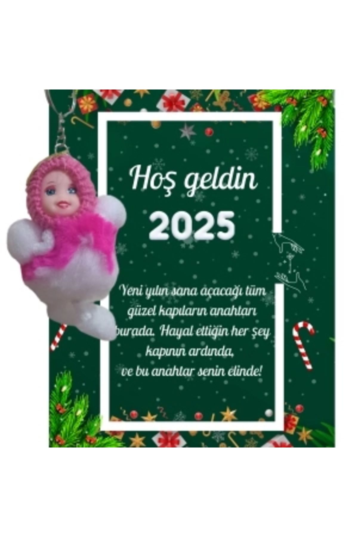 STOREMAX Yeni Yıl Kart Üzerinde Anahtarlık (Kişiye Özel Yazı Yazdırılabilir) Peluş Bebek