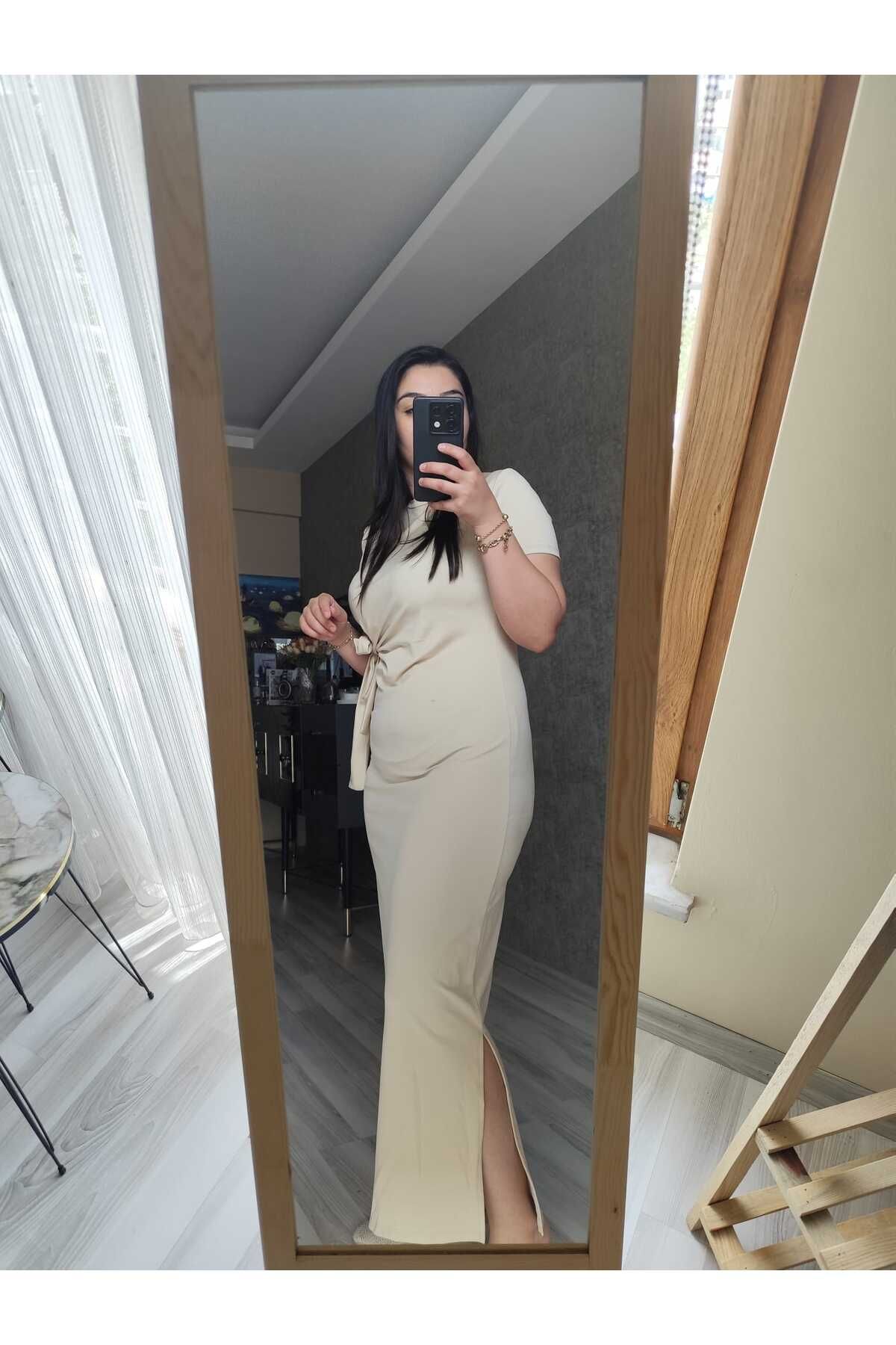 maviboutigue yandan bağlamalı yırtmaçlı elbise
