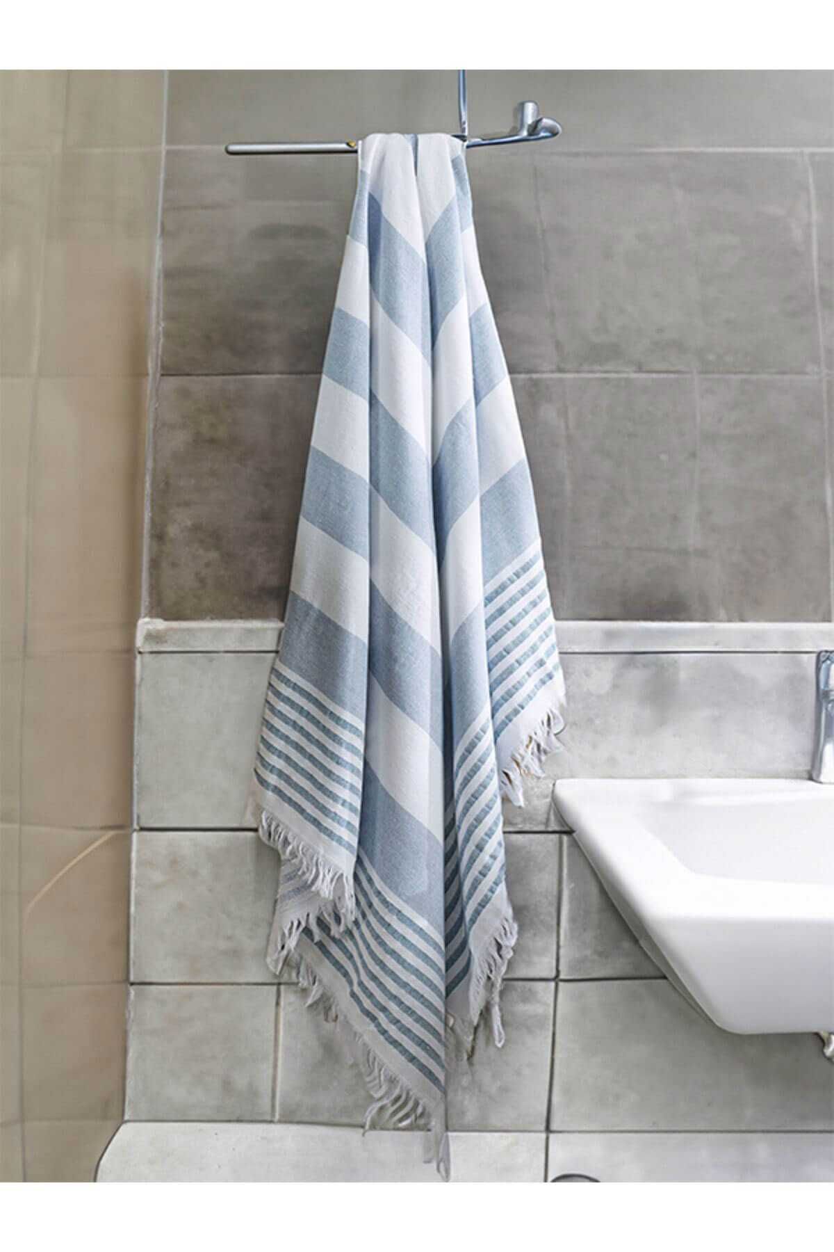 merland benvecocuk Pure Linen 90x170 cm Doğal Pamuk Peştamal Havlu Mavi