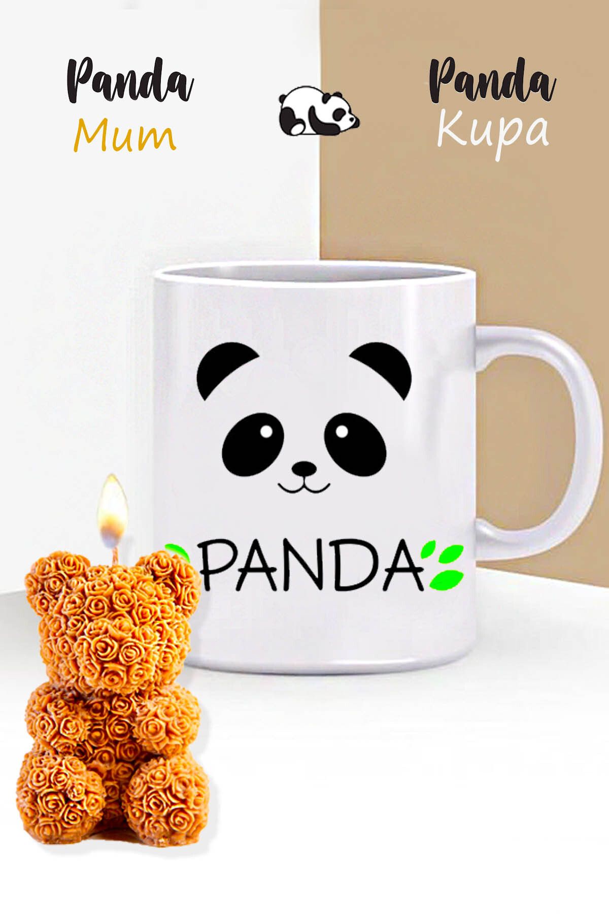 RETROGO Sevimli Panda Kupa & & Gül Desenli Ayıcık Mum Hediye Seti