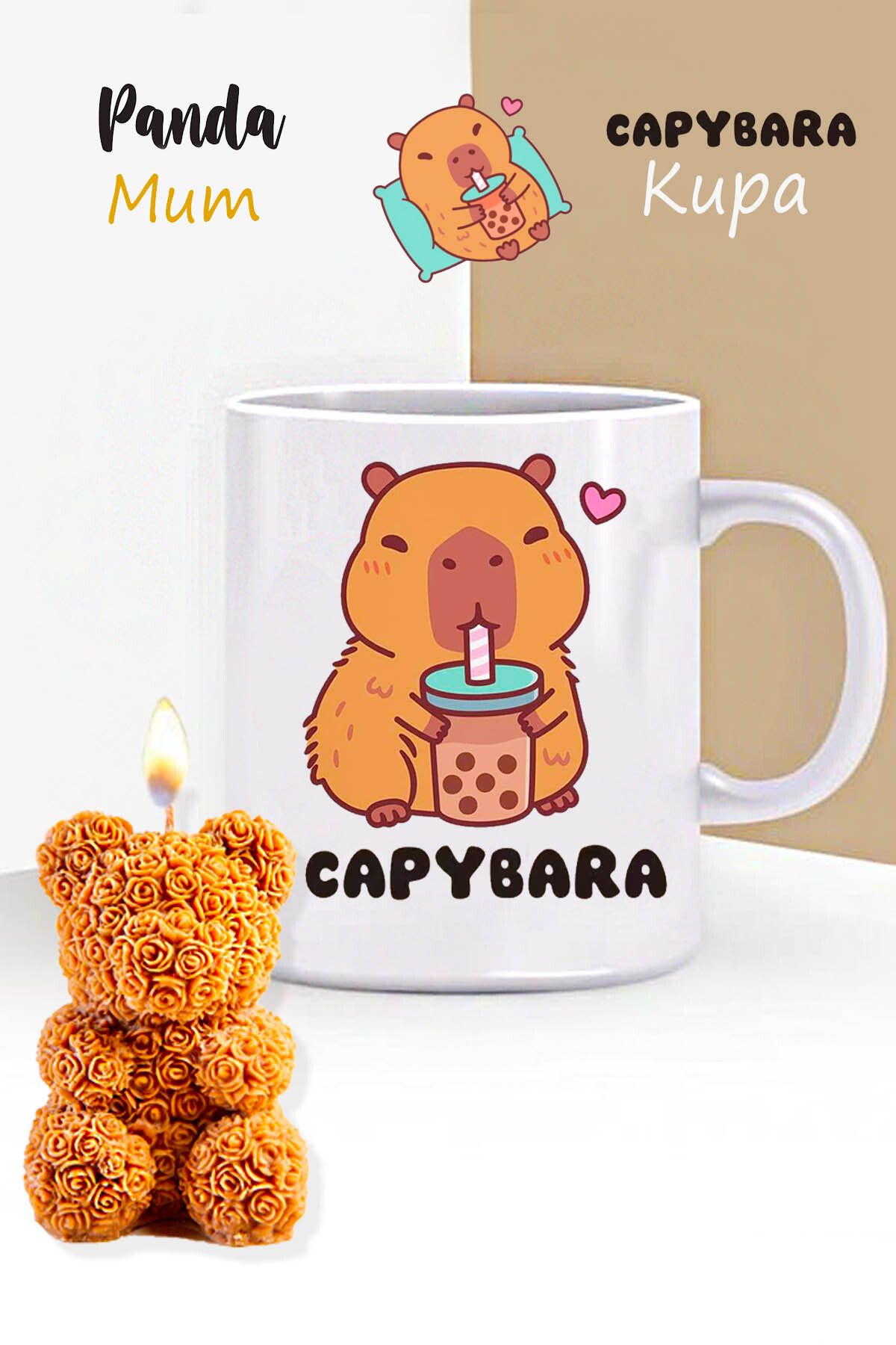 RETROGO Kapibara Capybara Kupa & Teddy Bear Gül Ayıcık Mum Hediye Seti