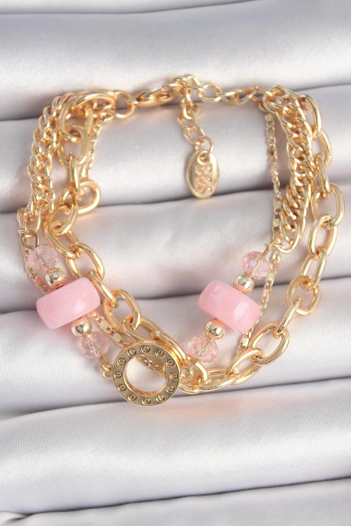 Cubmedikal Pirinç Gold Renk Çoklu Pembe Taşlı Kadın Bileklik