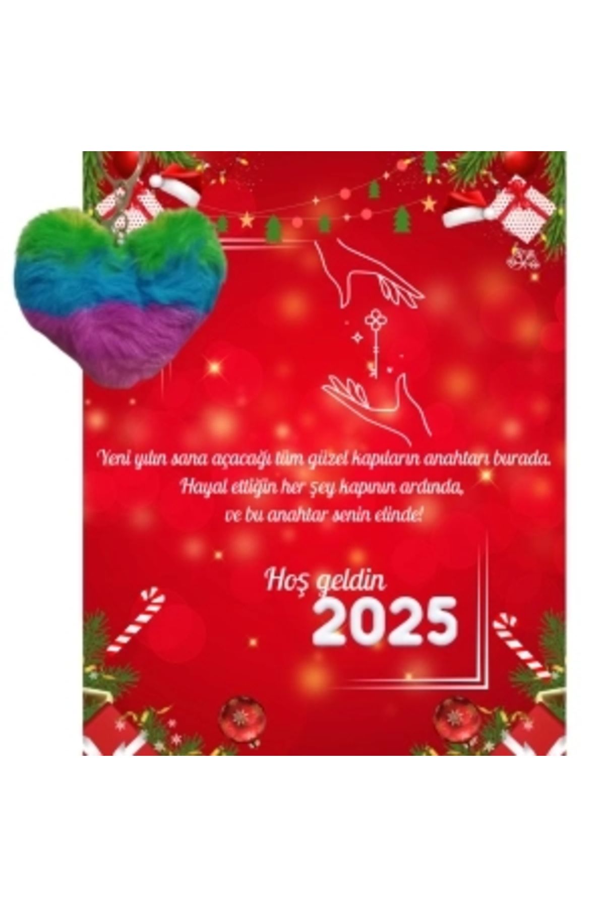 STOREMAX Yeni Yıl 2025 Kart Üzerinde Anahtarlık (Kişiye Özel Yazı Yazdırılabilir) Renkli Kalp