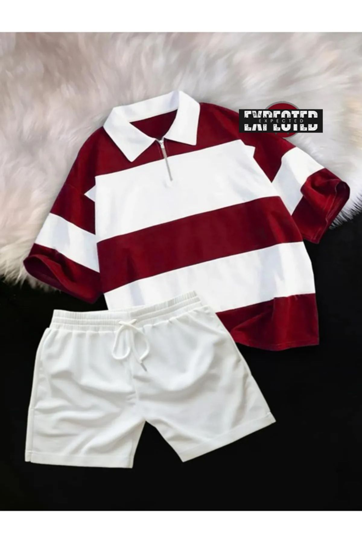 EXPECTED Unisex Parçalı Polo Yaka Yarım Fermuar Tişört Şort Takım-Oversize 2'li Şort - T-shirt Takım
