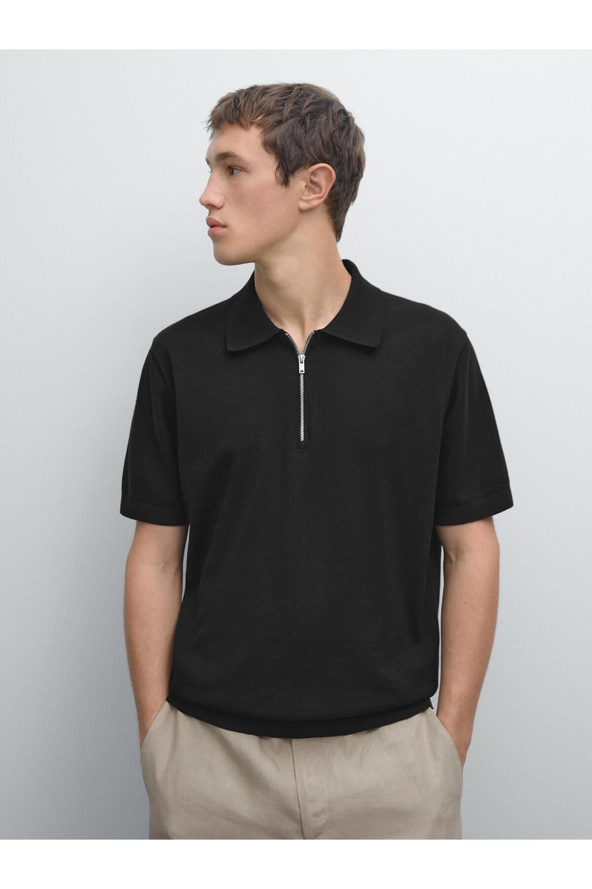 banessa Pamuklu triko fermuarlı polo yaka t-shirt
