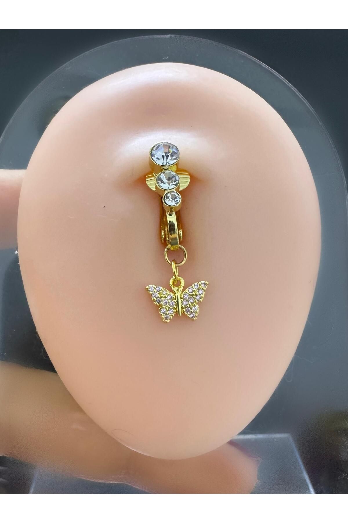 Arescollection deliksiz ( delik gerektirmeyen ) klipsli sıkıştırmalı zirkon taşlı mini kelebekli göbek piercingi