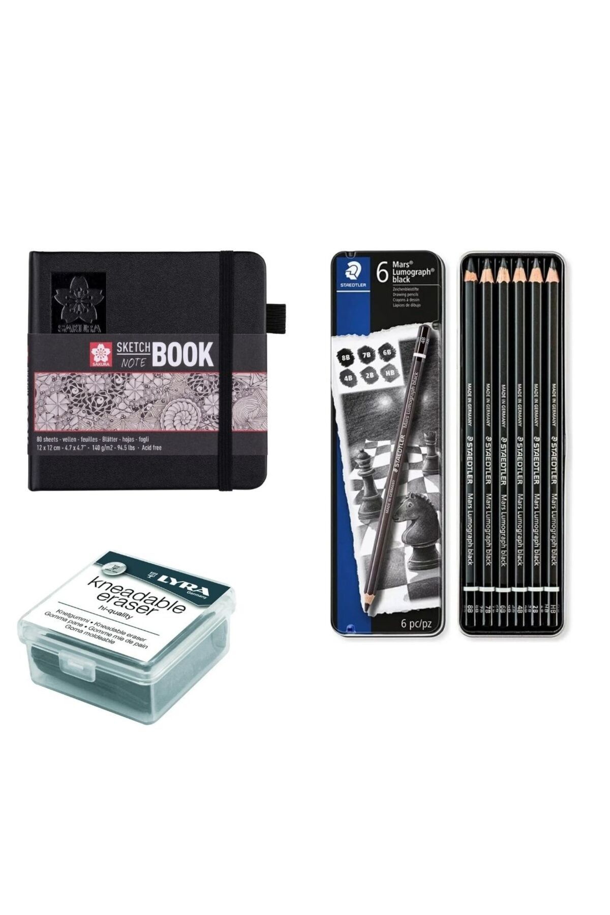 MASTRO ART BASİC ESKİZ SETİ, STAEDLER 6 LI KARAKALEM SETİ, SAKURA 12X12 DEFTER VE LYRA HAMUR SİLGİ