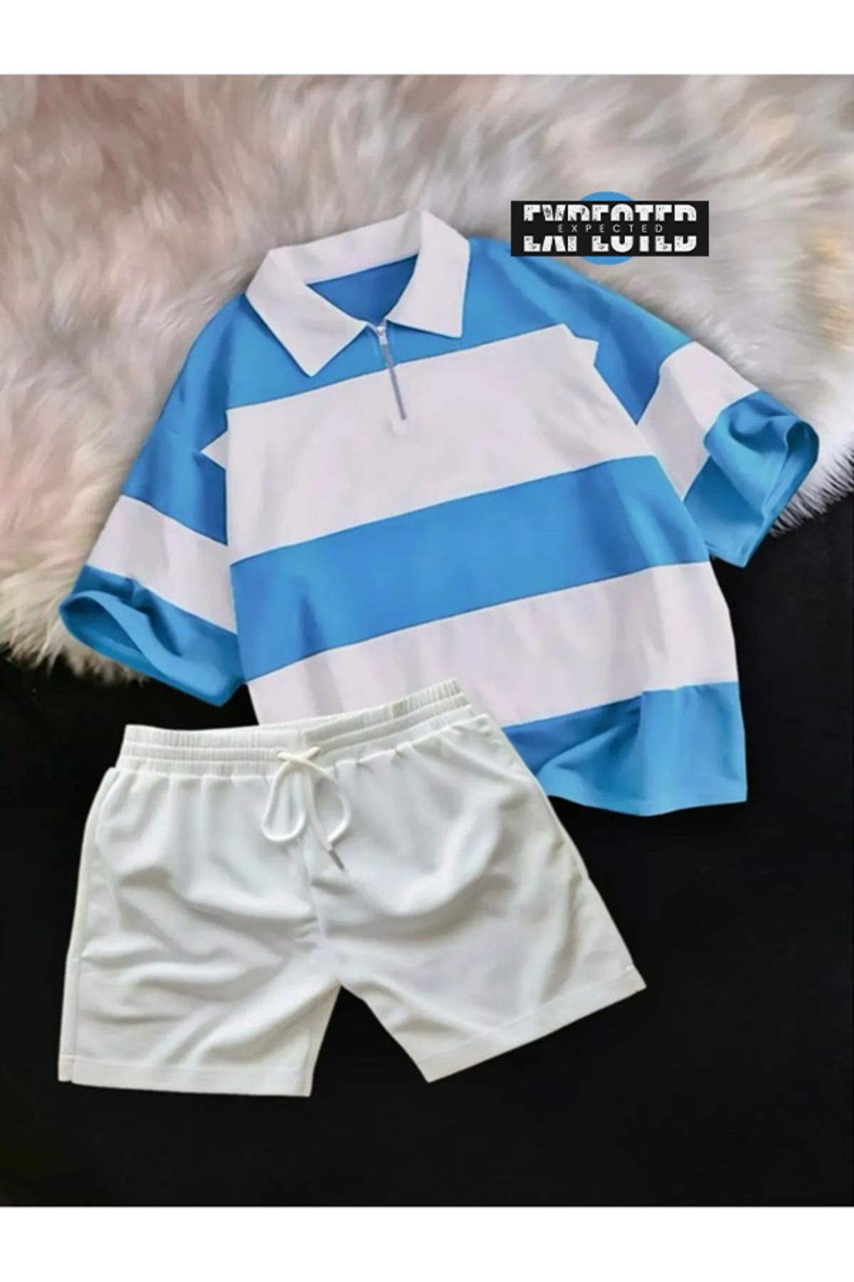 EXPECTED Unisex Parçalı Polo Yaka Yarım Fermuar Tişört Şort Takım-Oversize 2'li Şort - T-shirt Takım