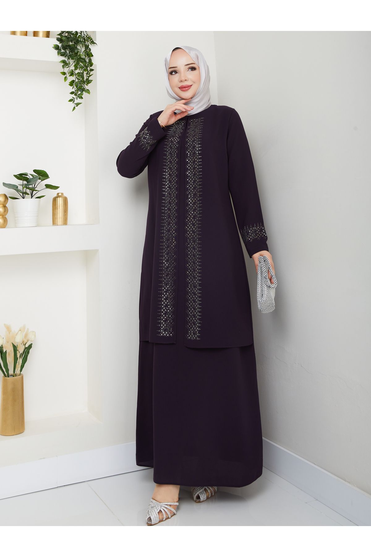 KMKkombin ANNE MODEL TAM BOY RAHAT KALIP ŞERİT DESENLİ TAŞLI KADIN ELBİSE 2024