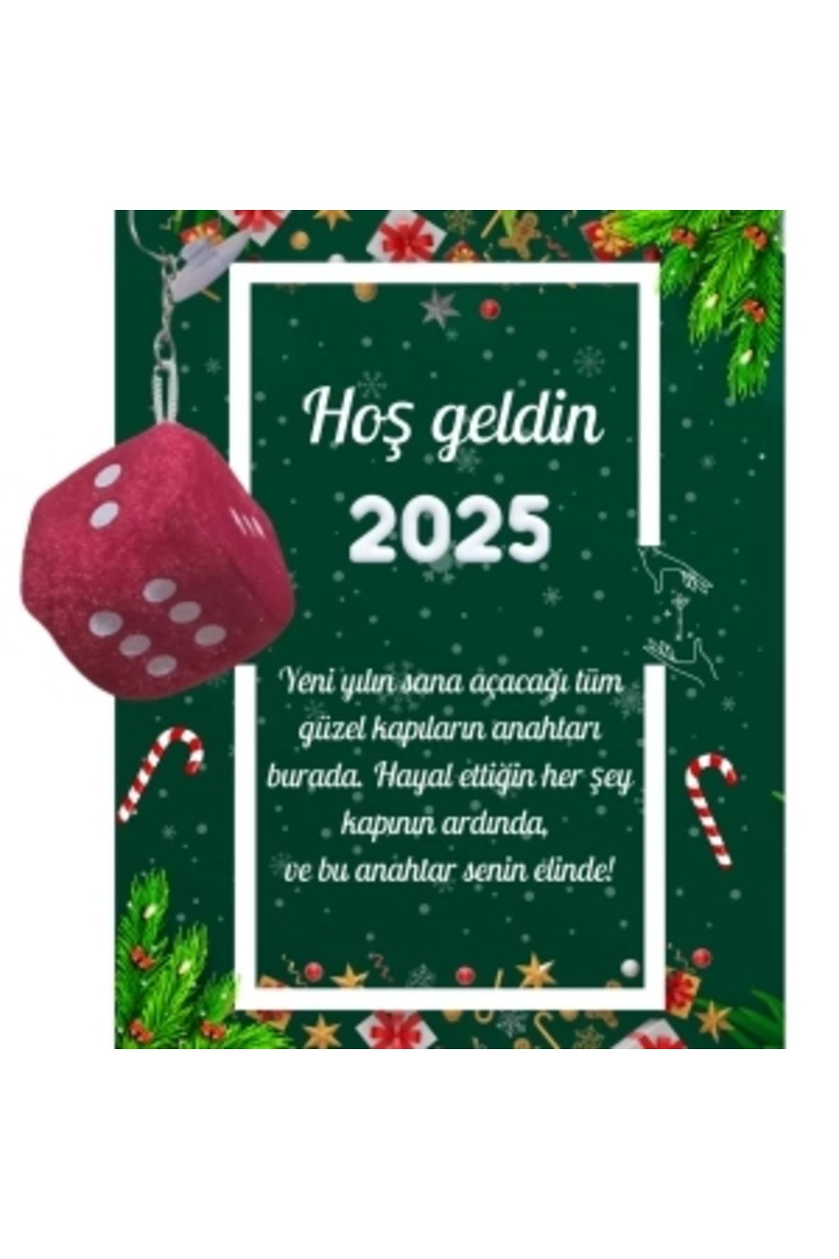STOREMAX Yeni Yıl Kart Üzerinde Anahtarlık (Kişiye Özel Yazı Yazdırılabilir) Zar Model