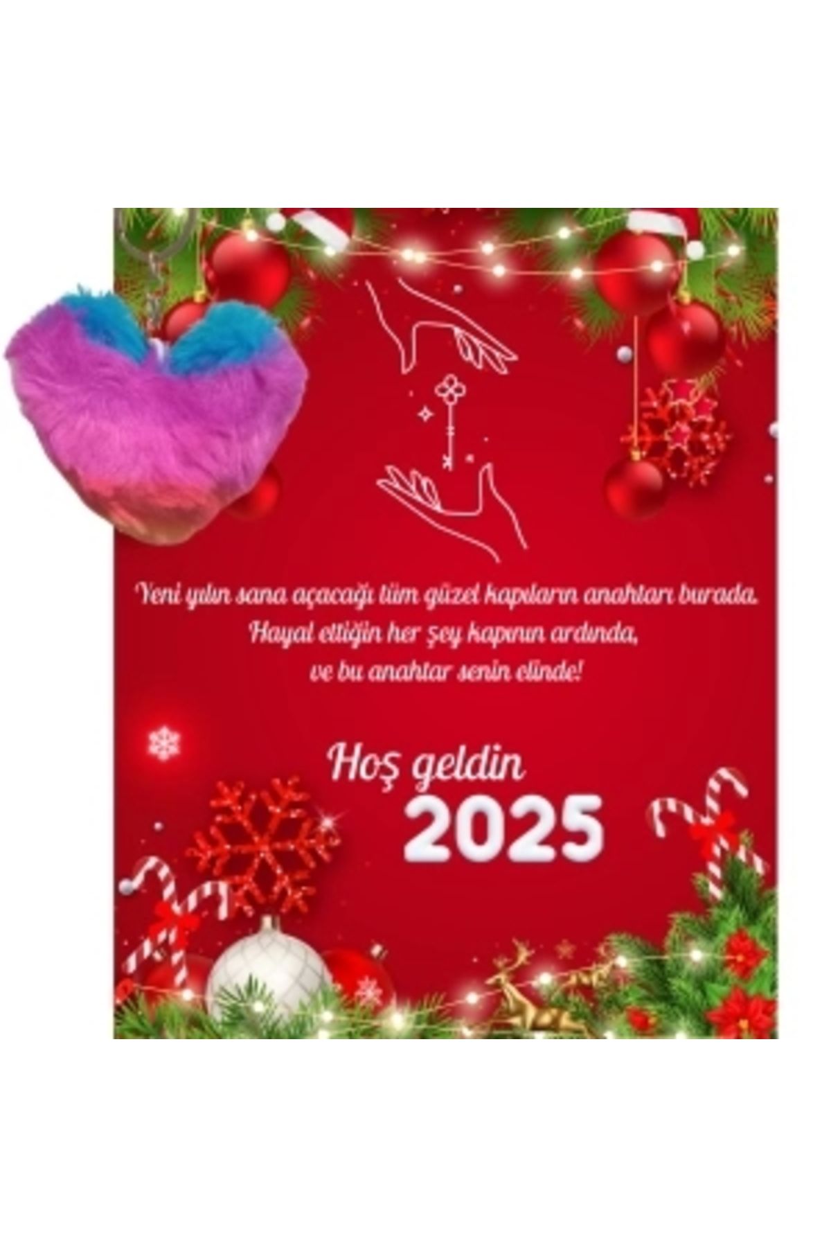 STOREMAX Yeni Yıl Geyik Kart Üzerinde Anahtarlık (Kişiye Özel Yazı Yazdırılabilir) Renkli Kalp