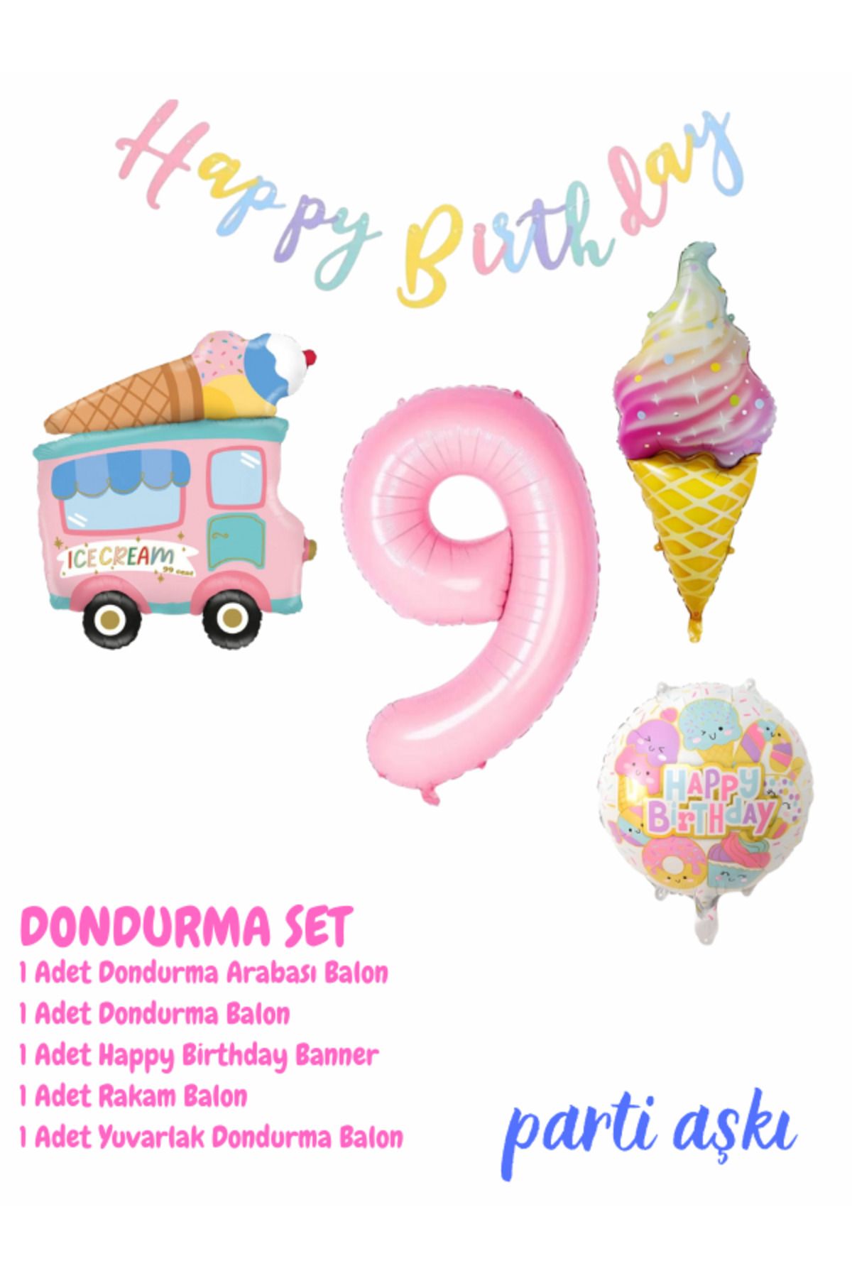 PARTİ AŞKI 9 Yaş Dondurma Temalı 5'li Balon Seti & Kız Çocuk,Bebek Ice Cream Yaz Konsepti Doğum Günü Partisi