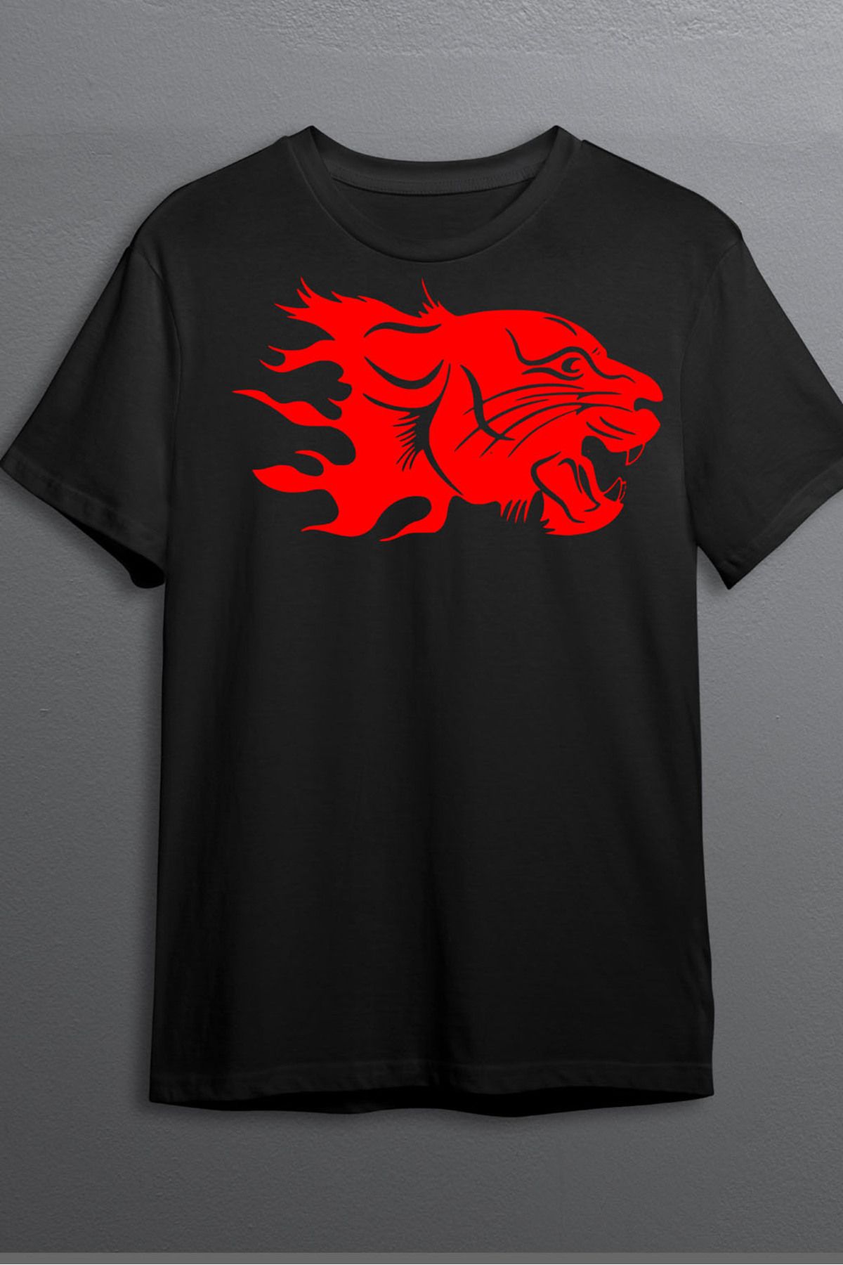 MLH STORE Kaplan Baskılı Pamuklu Likralı T-shirt (Kırmızı Desenli Siyah) M Beden