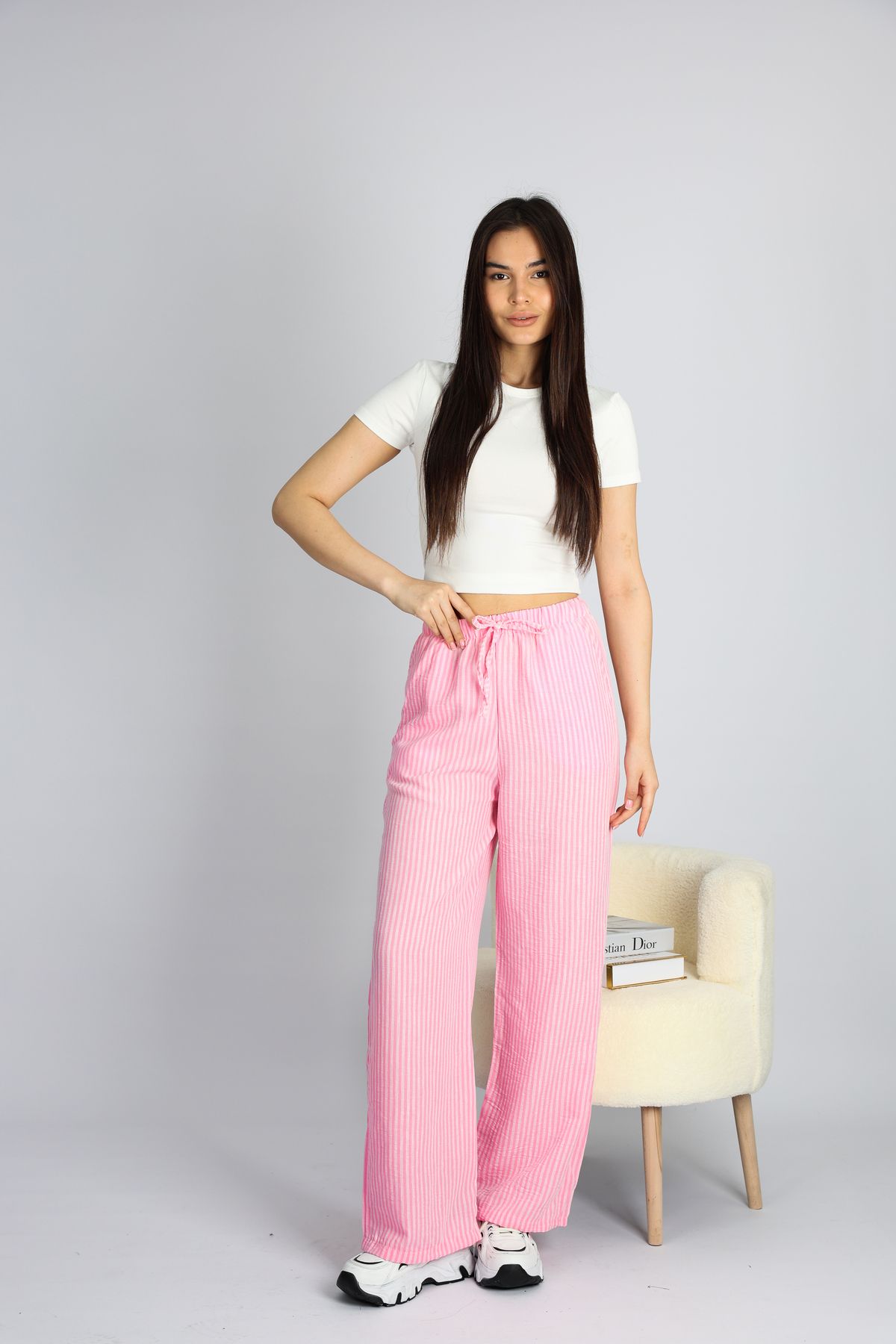 Bonne Maison Pembe Beli Ayarlanabilir Çizgili Cepli Bol Paça Keten Kadın Pantolon S