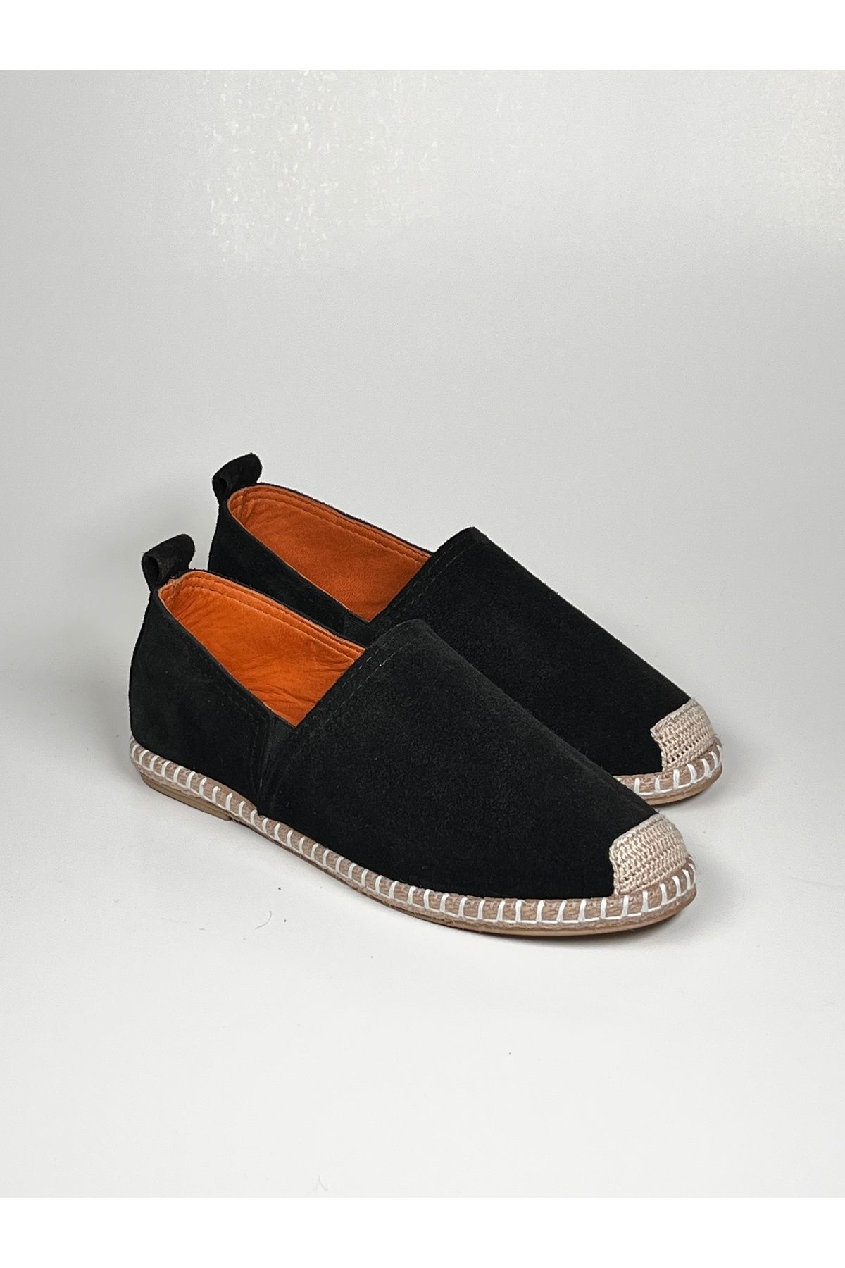 futsi shoes Siyah Süet Hakiki Deri Örgü Detaylı Şık Babet Espadril