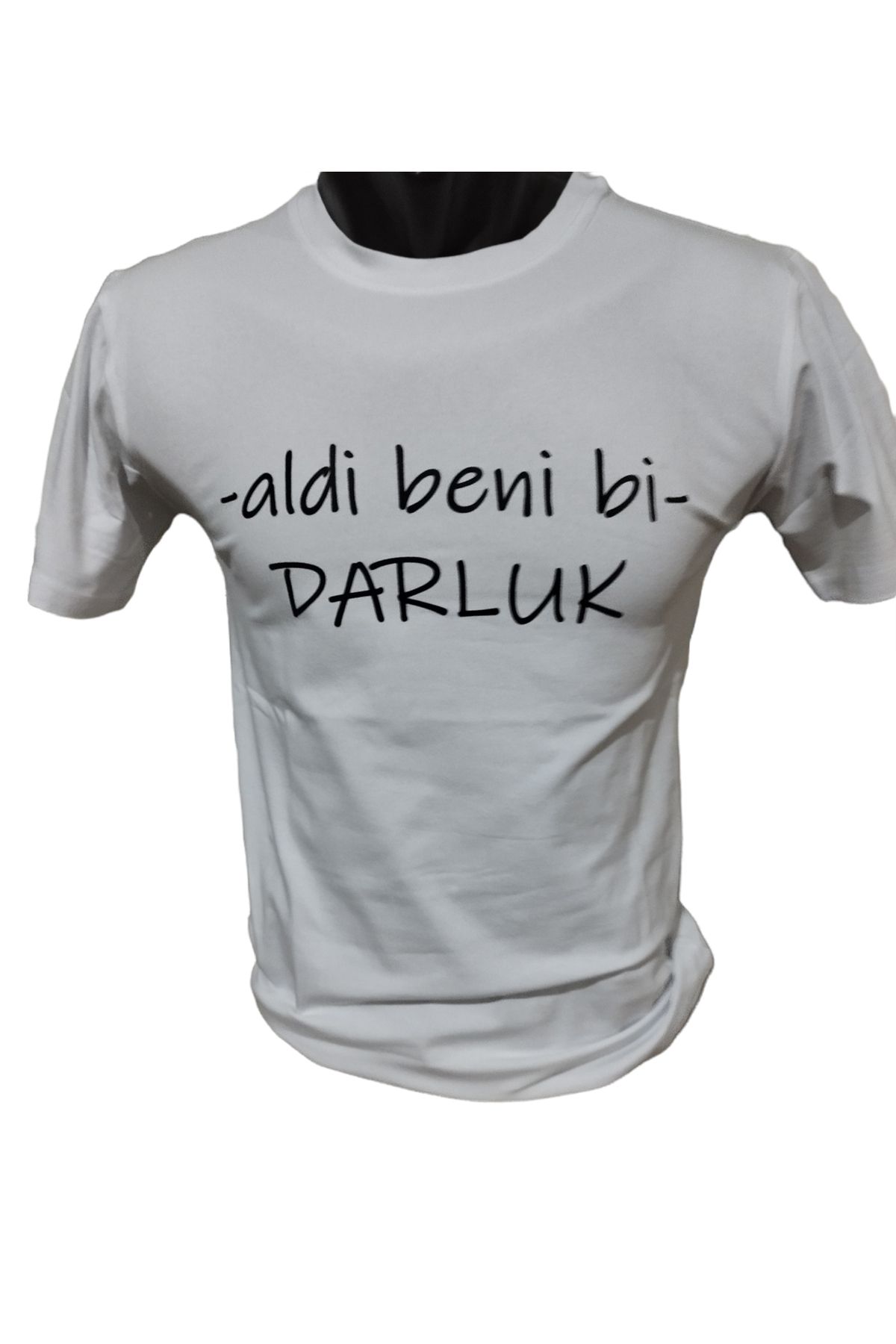MLH STORE Aldi Beni Bi Darluk Baskılı Pamuklu Likralı T-shirt (Siyah Yazılı Beyaz) S Beden