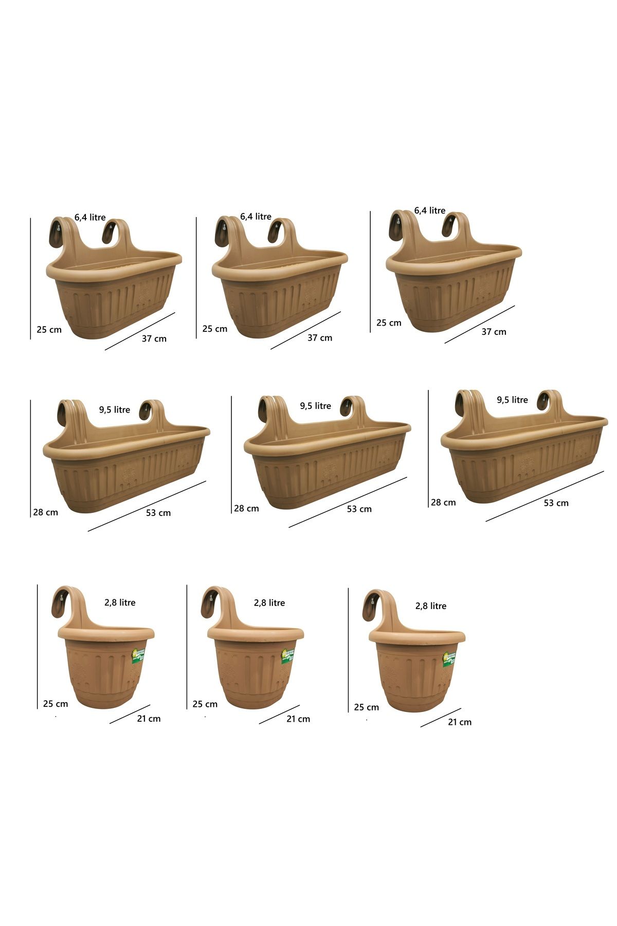 demethome 9 adet Kendinden Askılı Balkon Saksısı Plastik Kelepçeli Sağlam 3x2,8 lt 3x6,4 lt 3x9,5 litre
