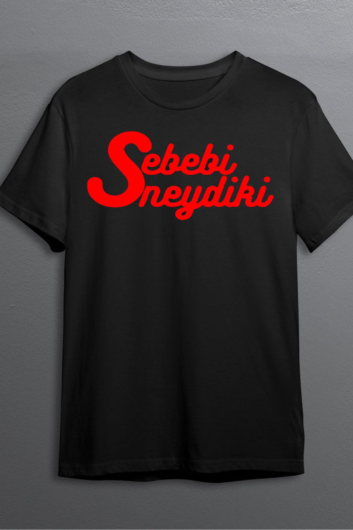 MLH STORE Sebebi Neydi Ki Baskılı Pamuklu Likralı T-shirt (Kırmızı Yazılı Siyah) M Beden