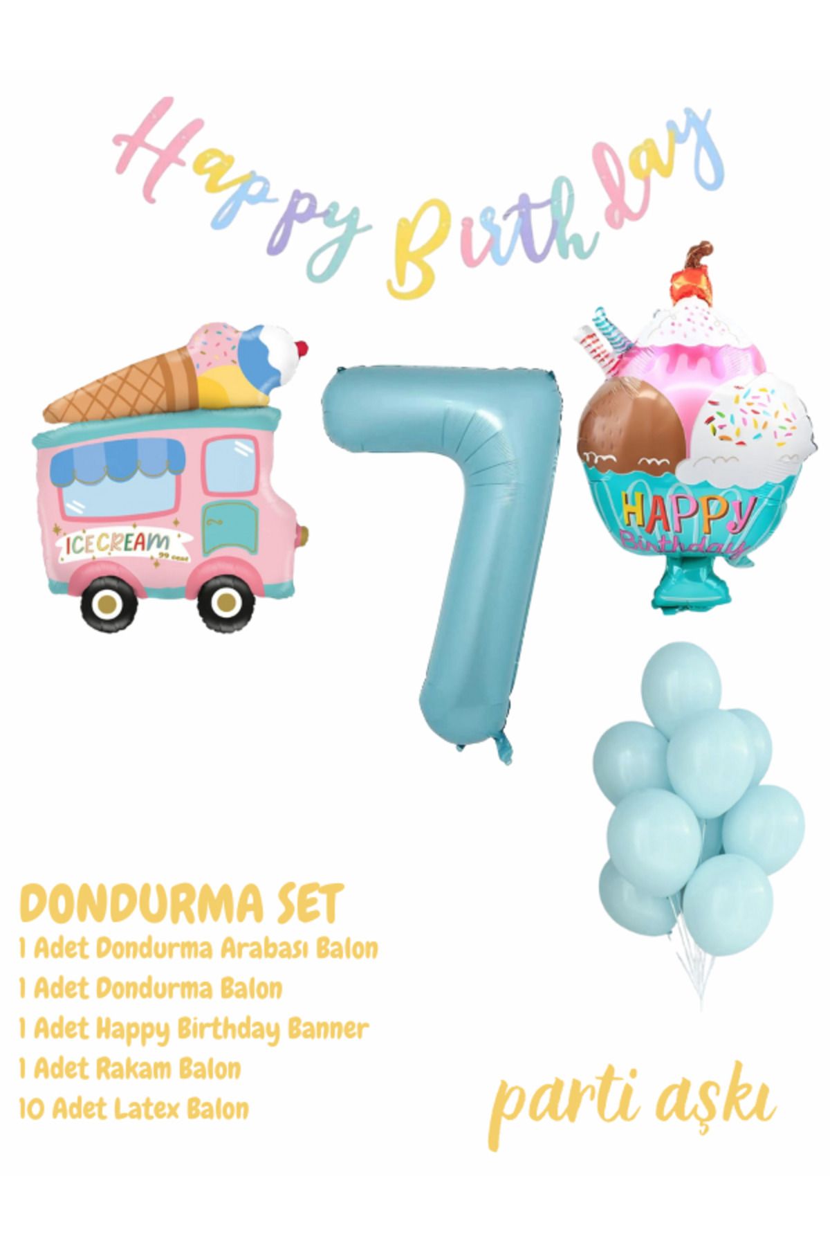 PARTİ AŞKI 1 Yaş Dondurma Temalı 5'li Balon Seti & Erkek Çocuk, Bebek Ice Cream Yaz Konsepti Doğum Günü Partisi