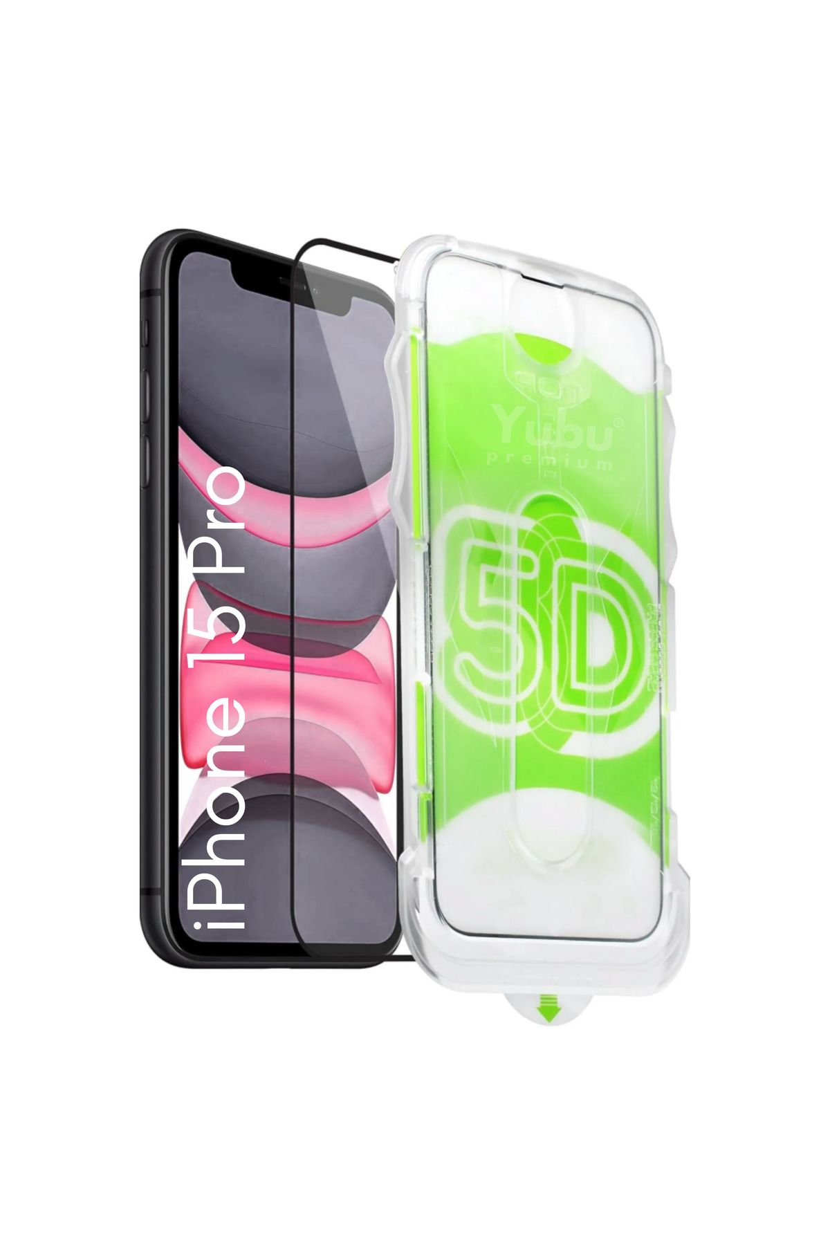 yubu iPhone 15 Pro Uyumlu Kolay Uygulama Aparatlı Tam Kapatan Cam Ekran Koruyucu