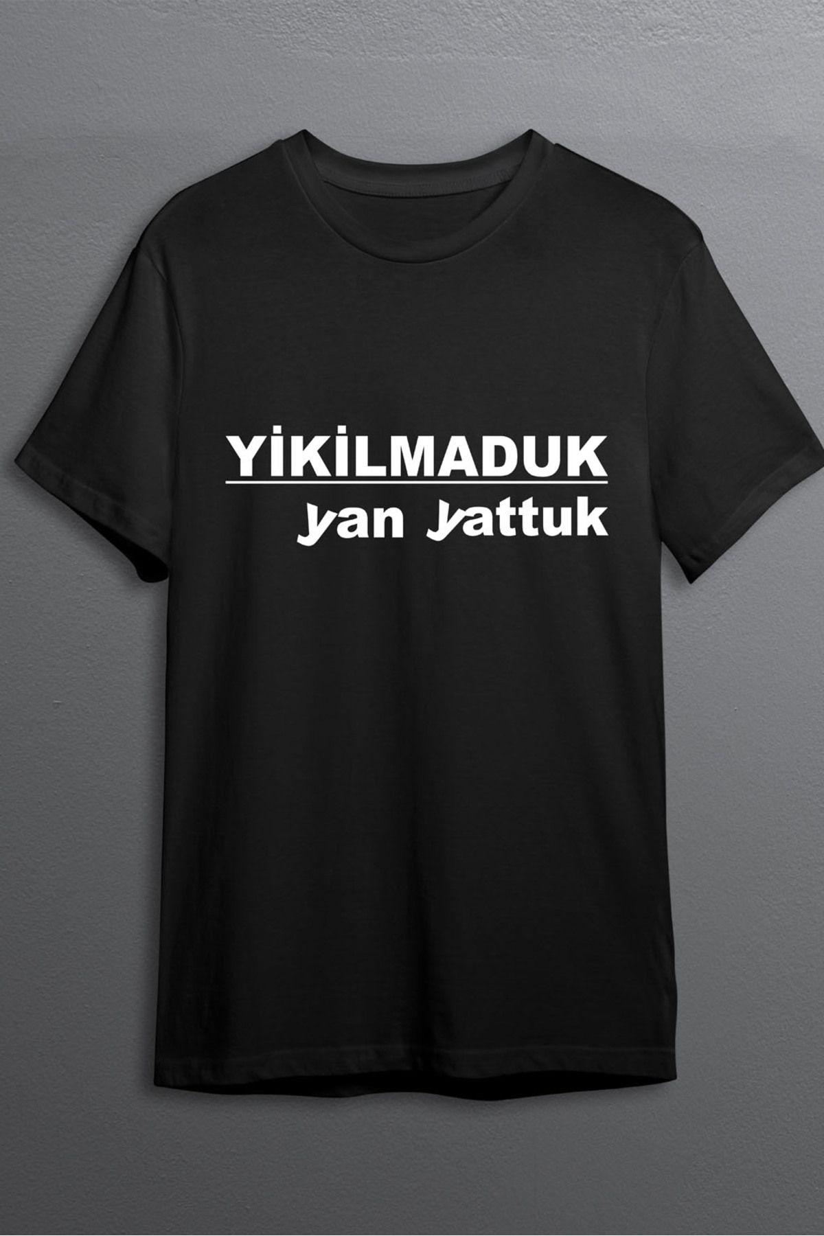 MLH STORE Yıkılmaduk Yan Yattuk Baskılı Pamuklu Likralı T-shirt (Beyaz Yazılı Siyah) M Beden
