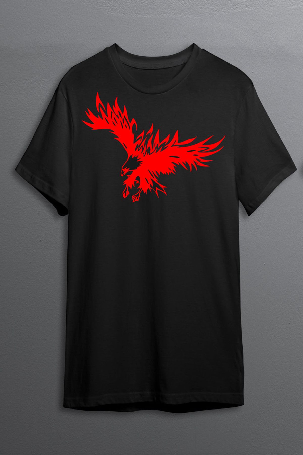 MLH STORE Kartal Baskılı Pamuklu Likralı T-shirt (Kırmızı Desenli Siyah) S Beden