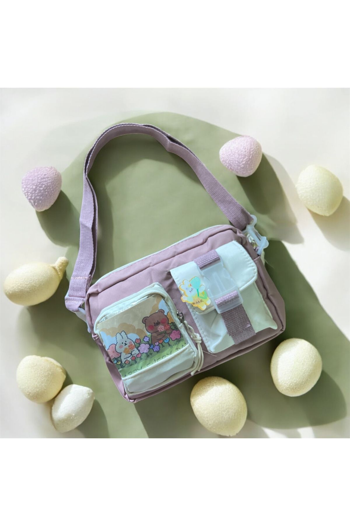 synshop Kawaii Kore Japon Tarzı Genç Kız Çocuk Kadın Crossbody Yan Omuz Çanta Resimli Kart Ve Rozet