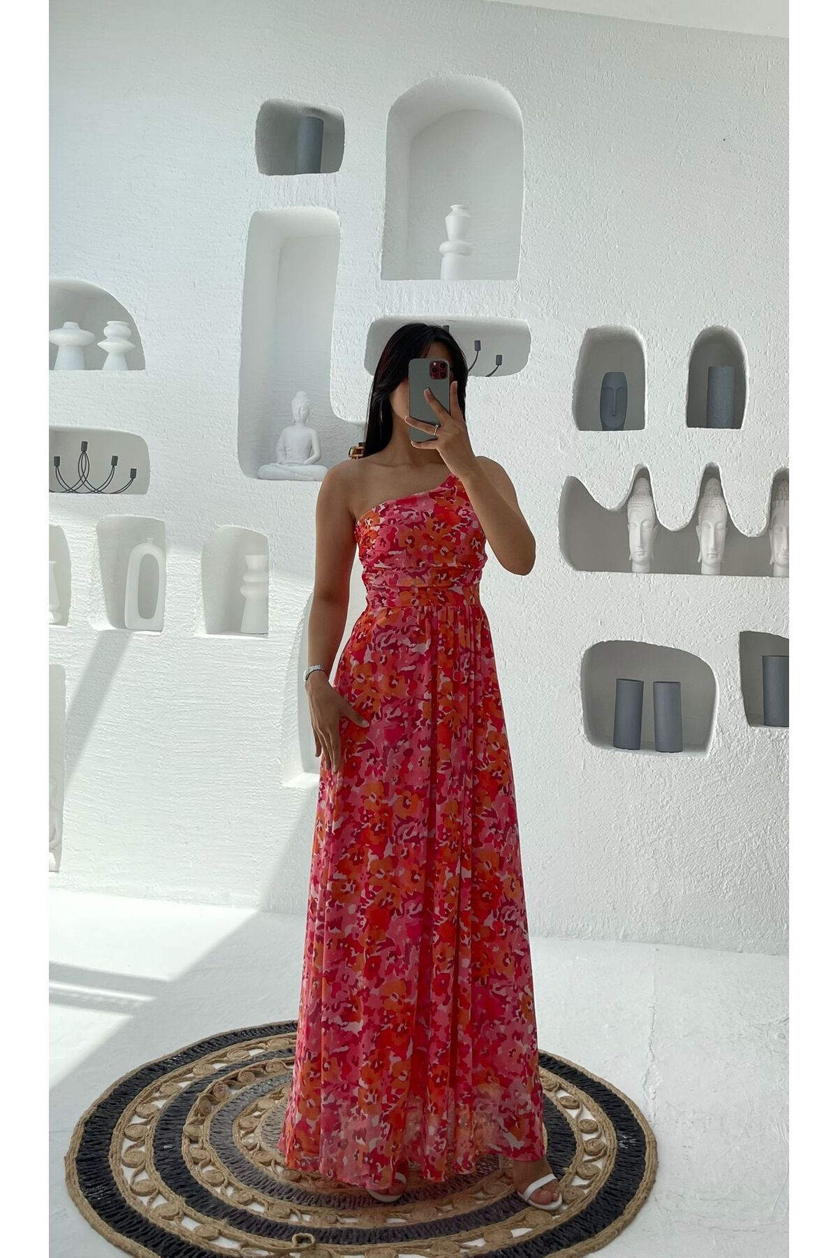 Nida Boutique Tek Omuz Astarlı Şifon Maxi Boy Desenli Elbise