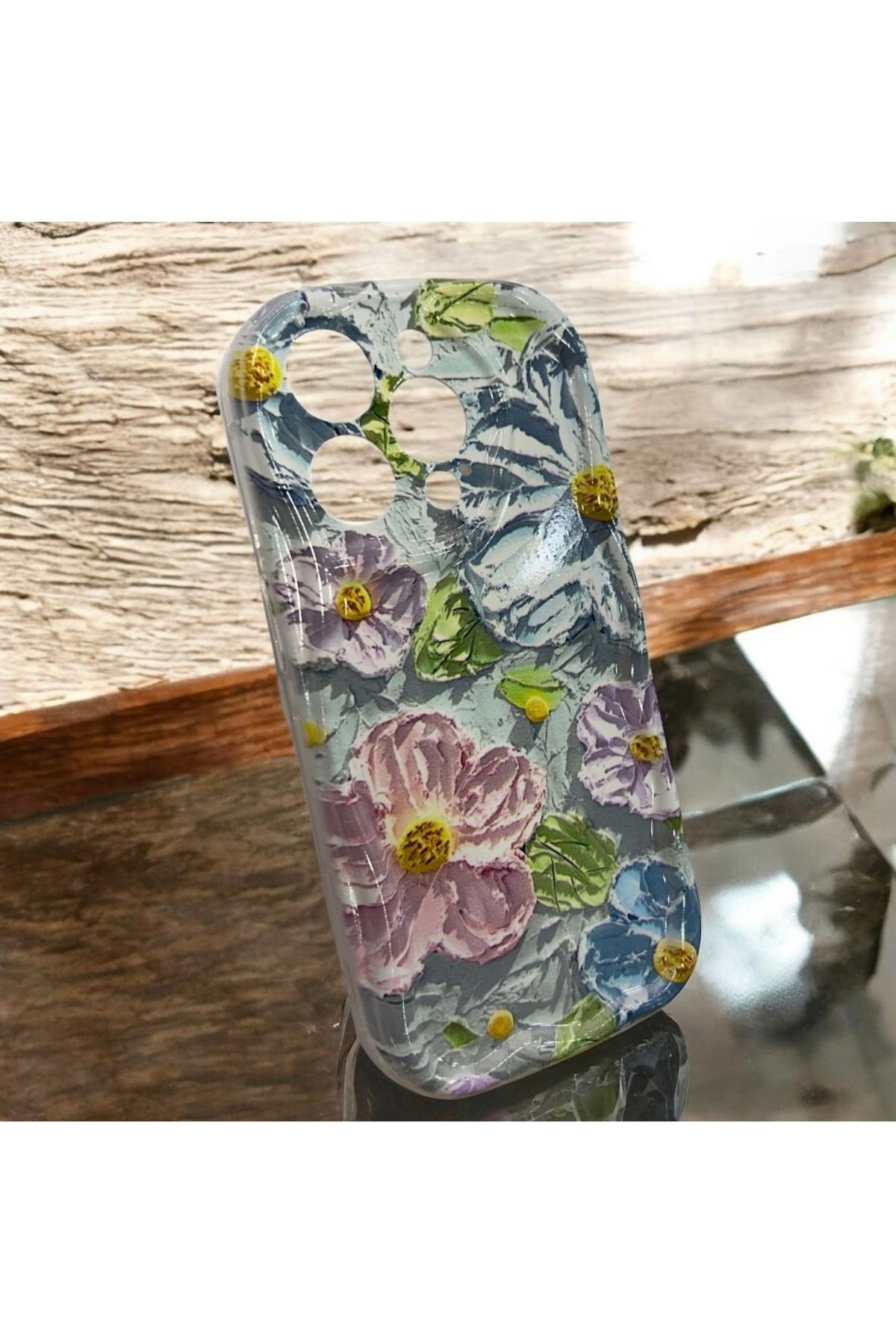 shop İPhone 15 Pro Uyumlu Mavi Çiçek Desenli Telefon Kılıfı