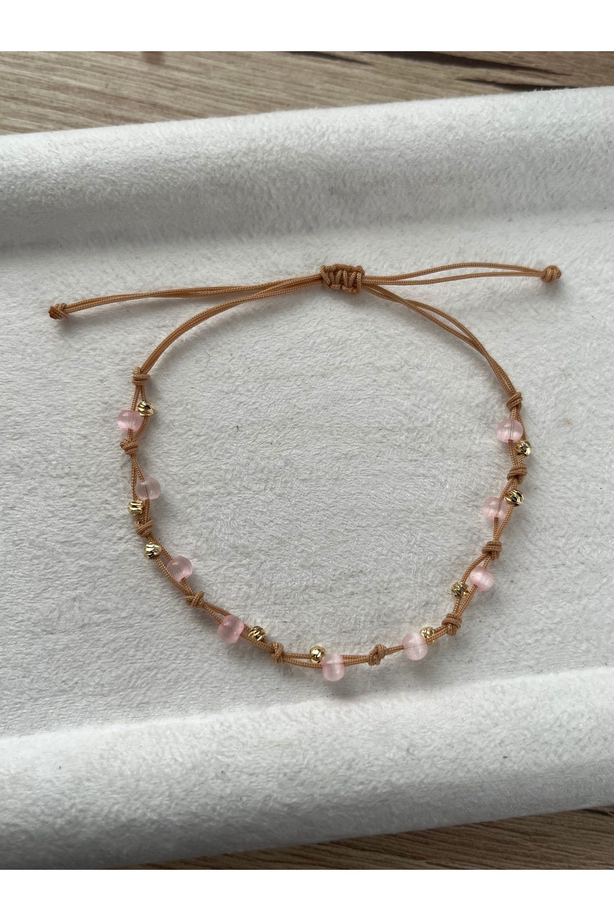 Pel Design Minimal Pembe Kedi Gözü İp Bileklik & Halhal el yapımı