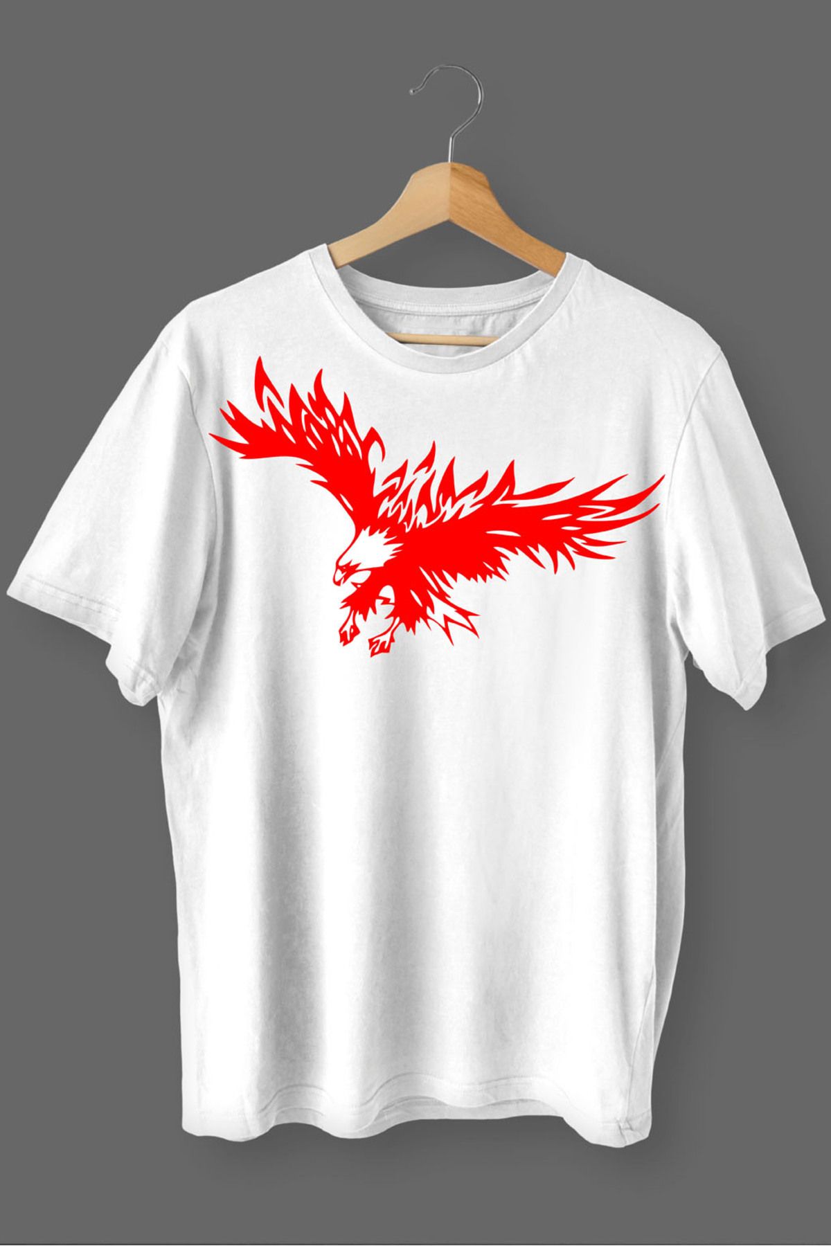 MLH STORE Kartal Baskılı Pamuklu Likralı T-shirt (Kırmızı Desenli Beyaz) XL Beden