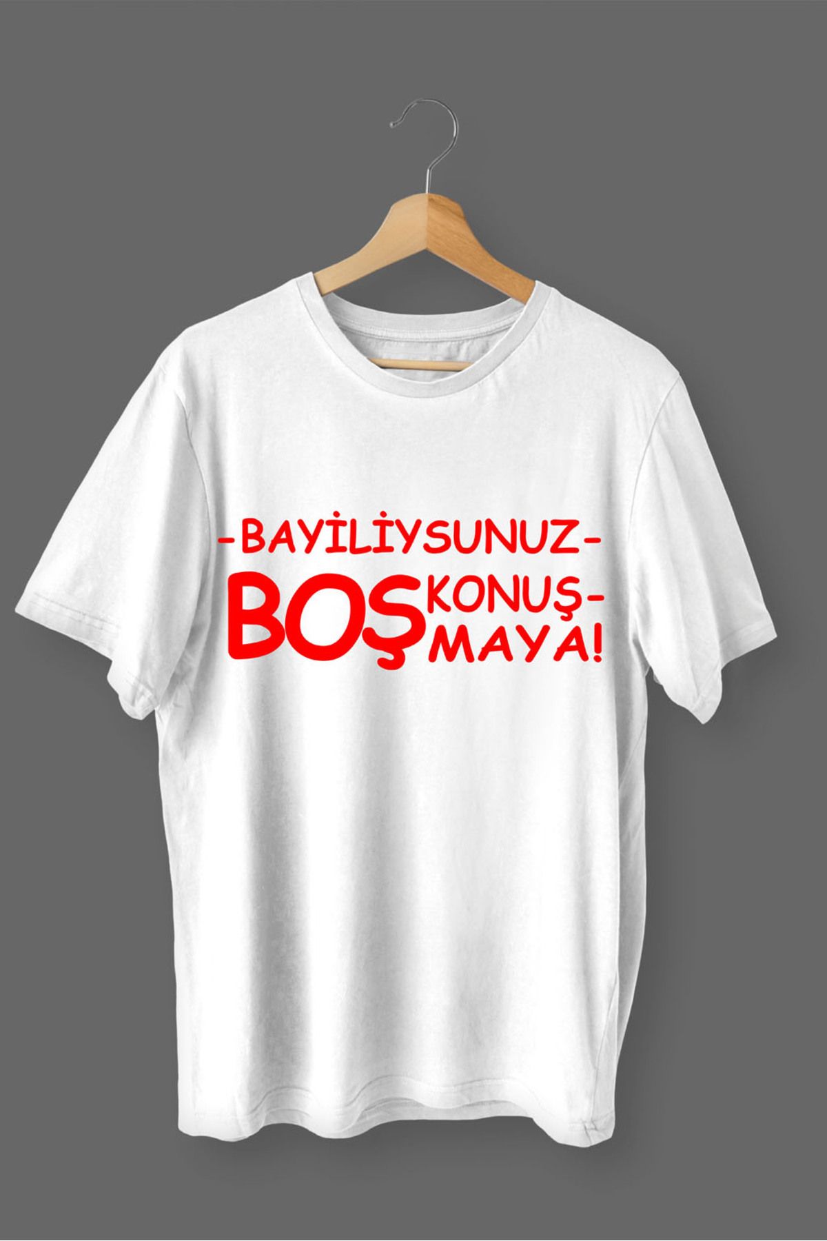 MLH STORE Bayiliysunuz Boş Konuşmaya Baskılı Pamuklu Likralı T-shirt (Kırmızı Yazılı Beyaz) XL Beden
