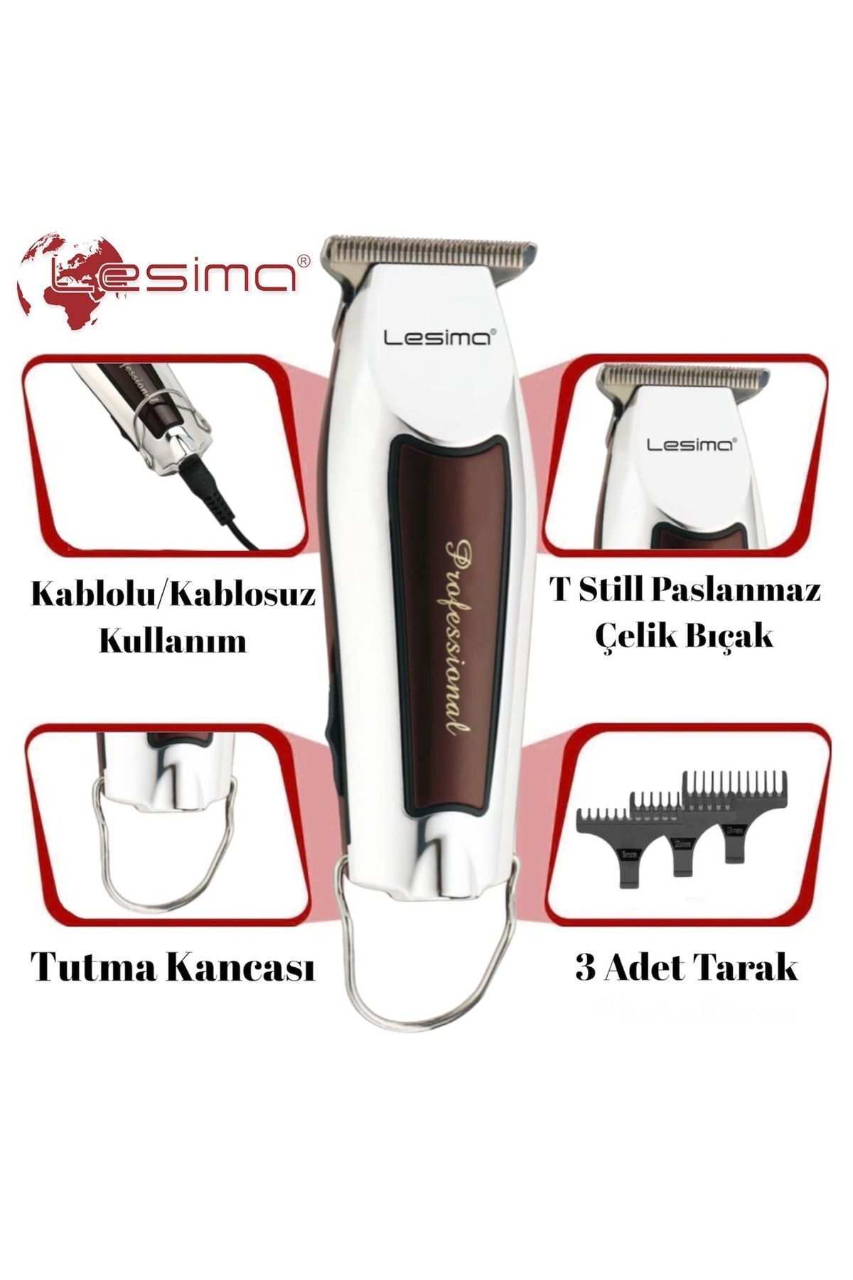 teknotrust Professional Prince Serisi Sakal Tıraş Makinesi Ense Düzeltme 1-2-3 Mm Tarak Dijital Ekran
