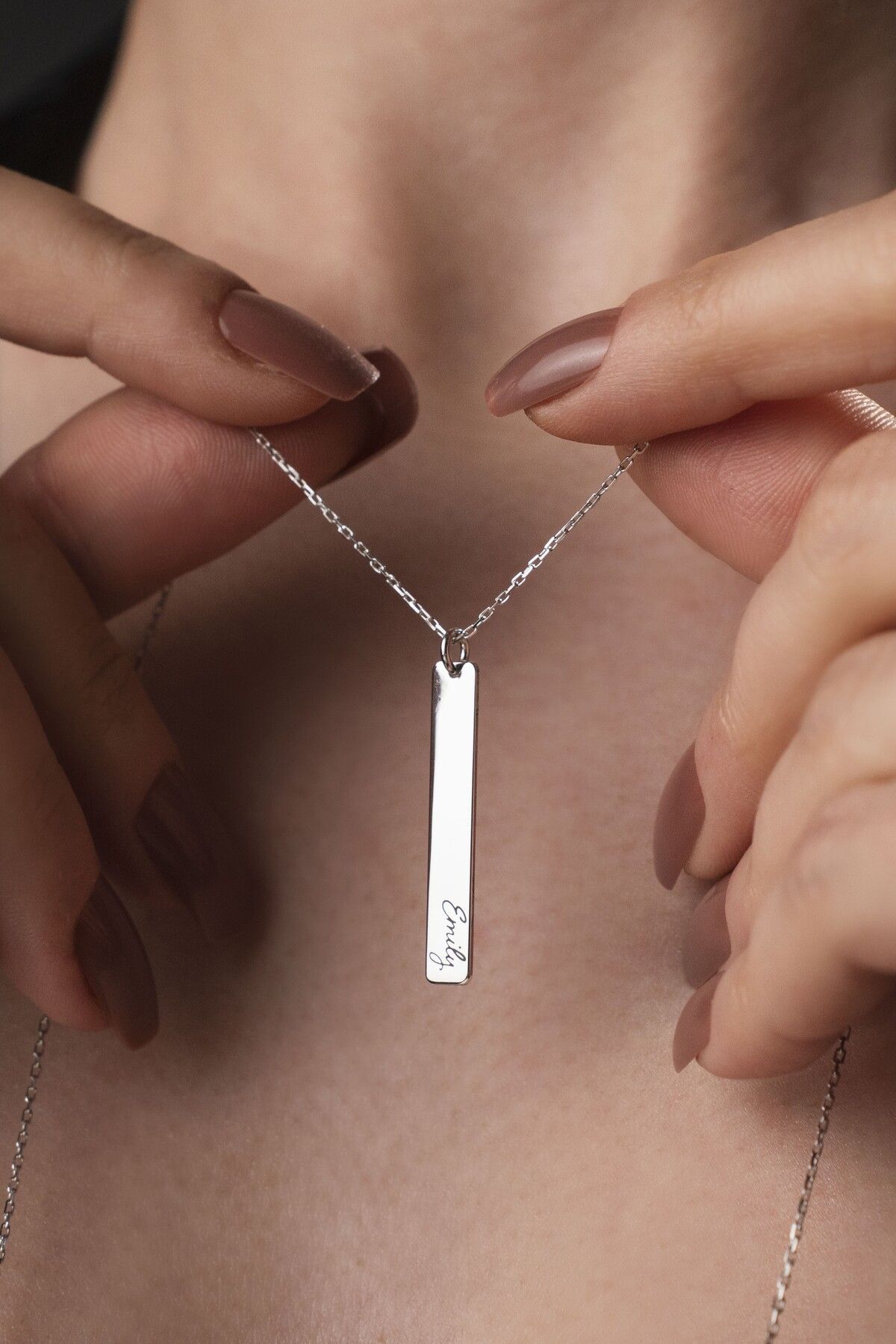 TigerxlJewellery 925 Ayar Gümüş Dikdörtgen Dik İsimlik Kolye