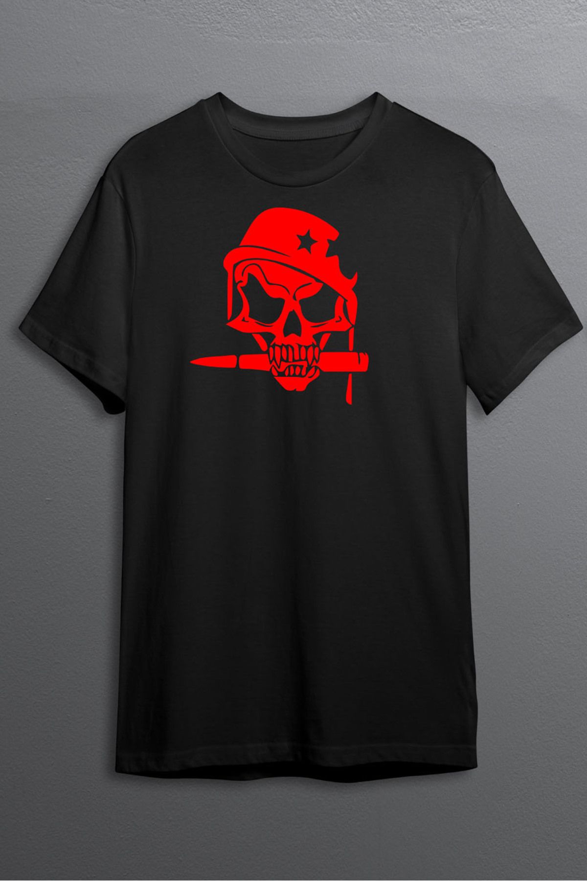 MLH STORE Kurukafa Baskılı Pamuklu Likralı T-shirt (Kırmızı Desenli Siyah) L Beden