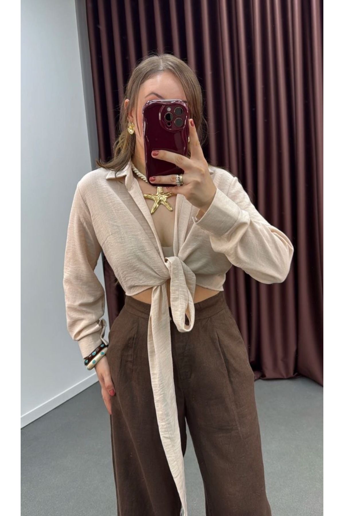 Bumu Elegancy Önden Bağlamalı Keten Crop Gömlek
