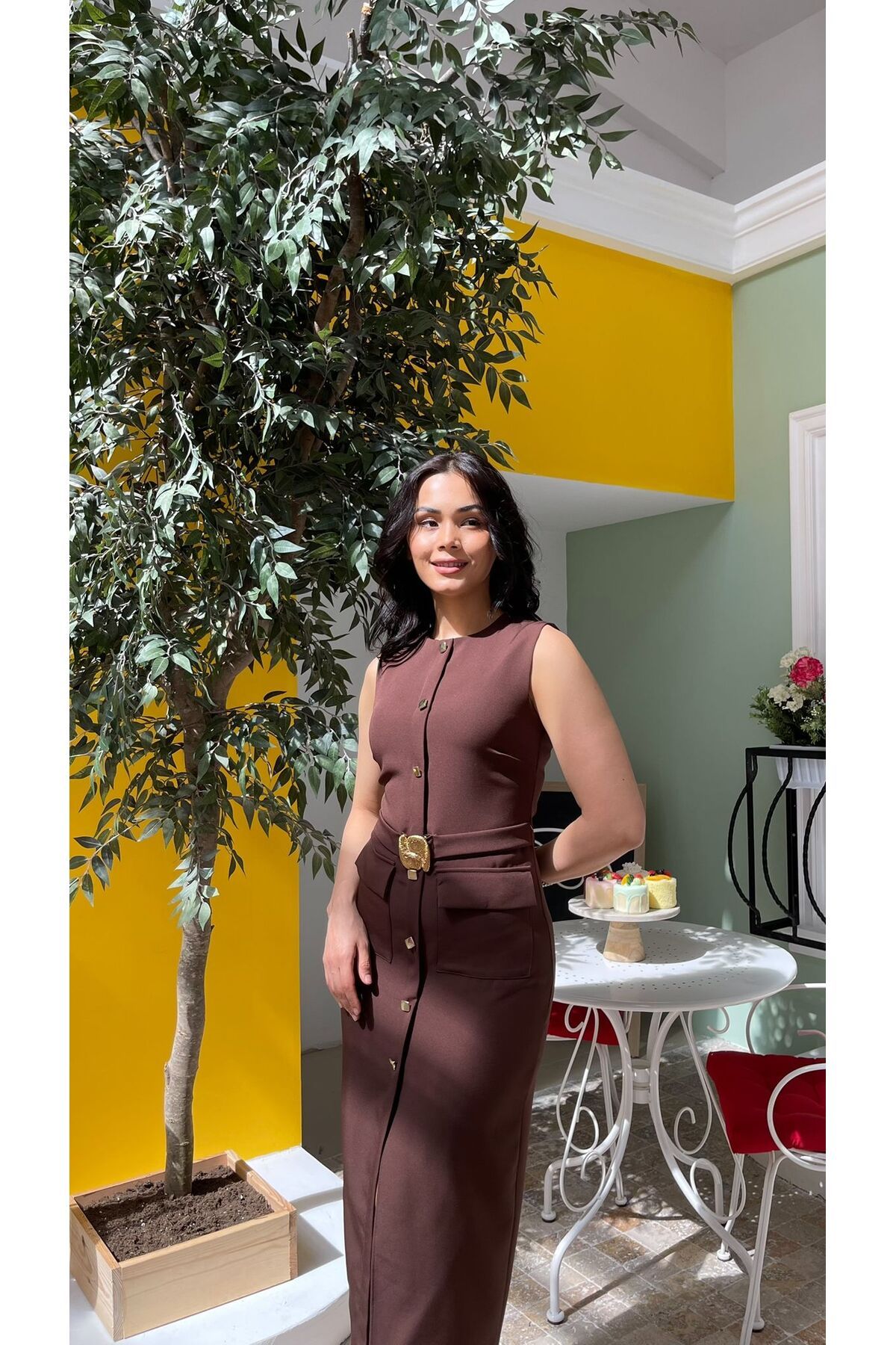 Nida Boutique Sıfır Kol Düğme Detaylı Elbise