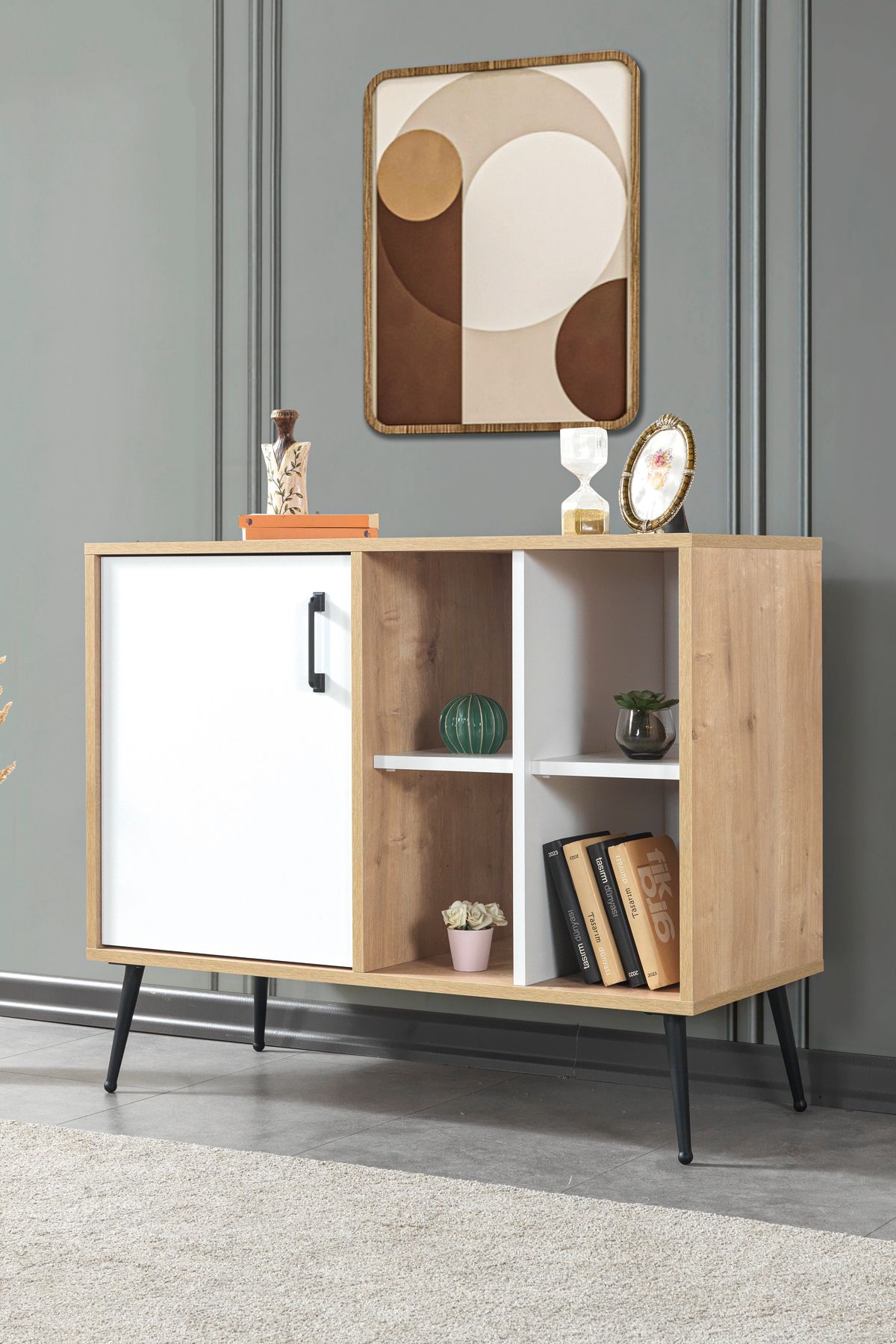 Evmo Home 4111 Şile Metal Ayaklı Metal Kulplu 100 Cm Konsol - Tv Ünitesi - Yemek Odası - Kahve Köşesi Beyaz