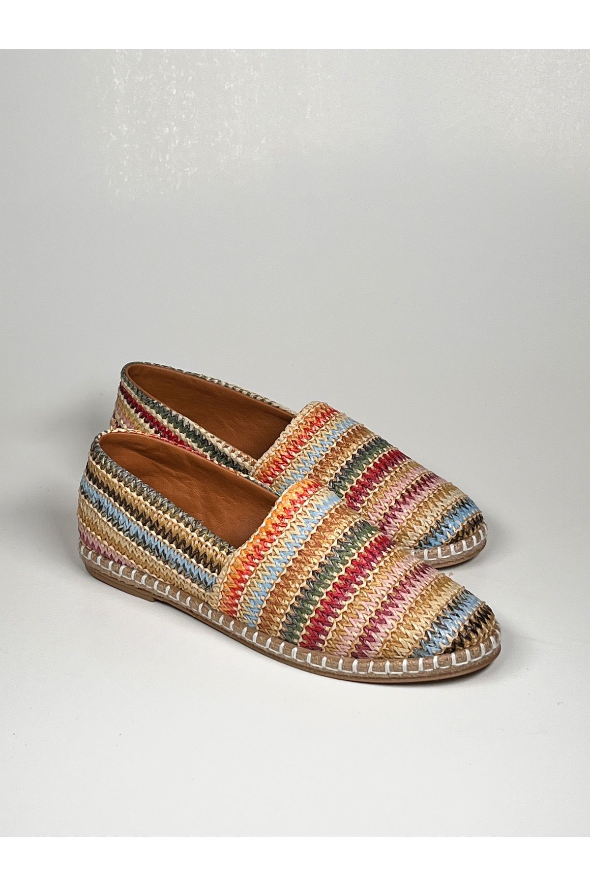 futsi shoes Çok Renkli Hasır Desenli İthal Keten Kadın Hakiki Deri Babet Espadril