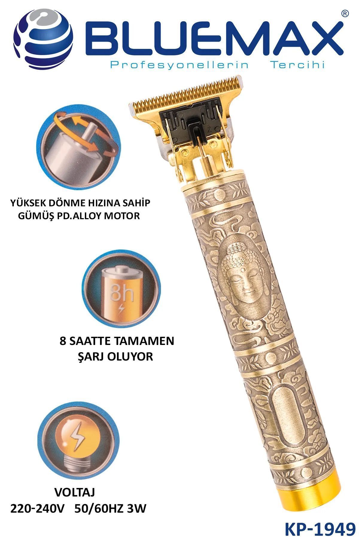 teknotrust Profesyonel Çelik Kasa Traş Makinesi Şarjlı Saç Sakal Yanak T Bıçak Kp-1949