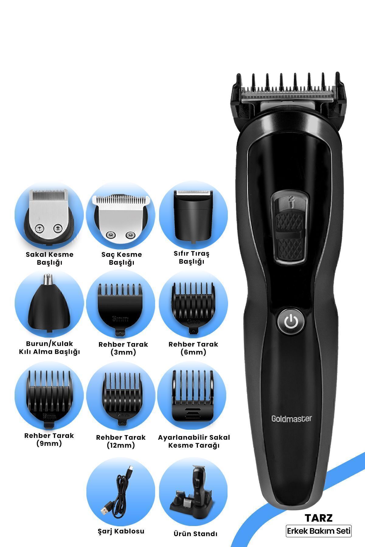 teknotrust Siyah Tarz 9 in 1 Erkek Bakım Seti Gm-8104 5-10 Saç-Sakal 2 Yıl Kuru Şarjlı 1-2 Saat