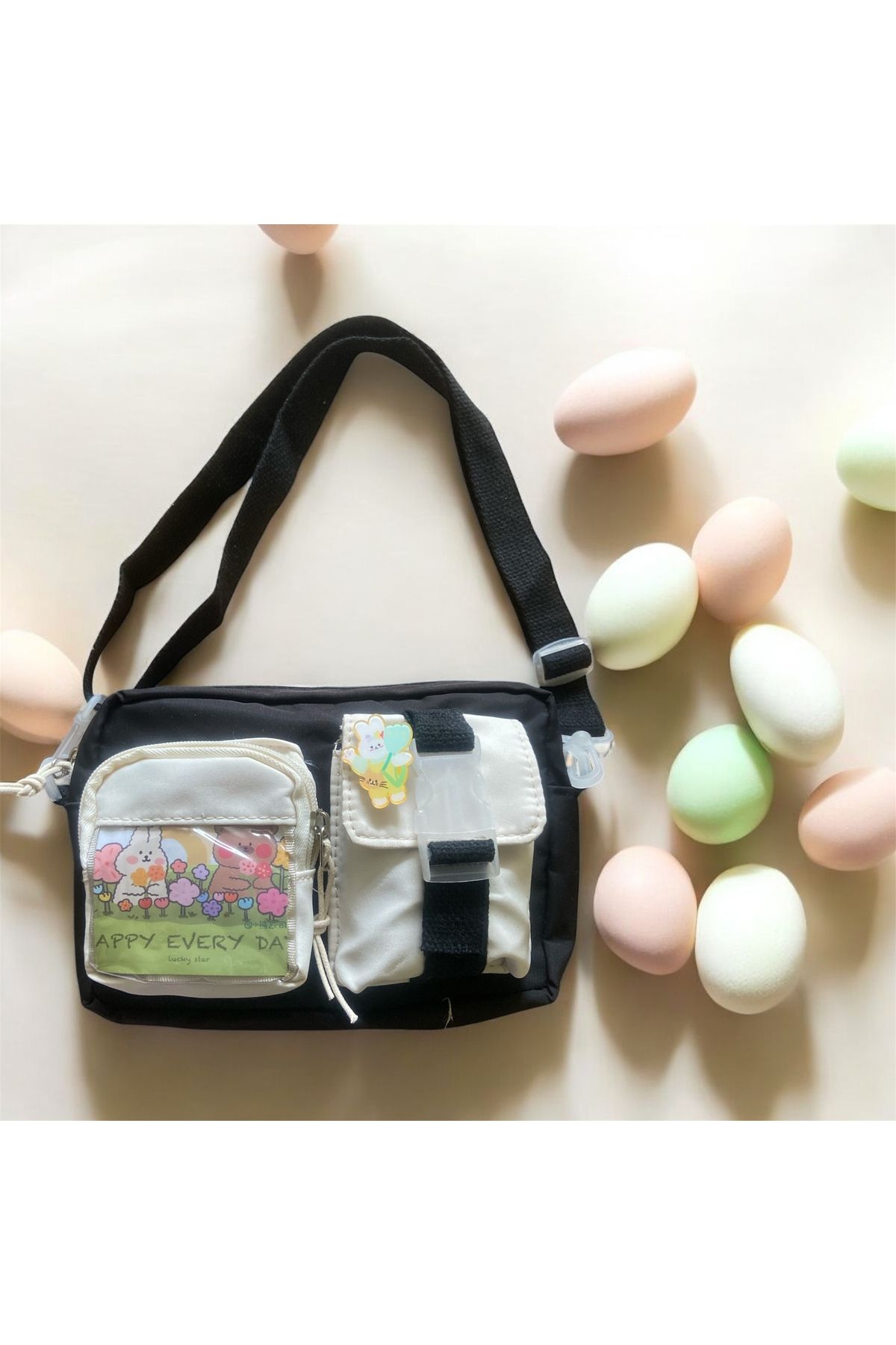 synshop Kawaii Kore Japon Tarzı Genç Kız Çocuk Kadın Crossbody Yan Omuz Çanta Resimli Kart Ve Rozet