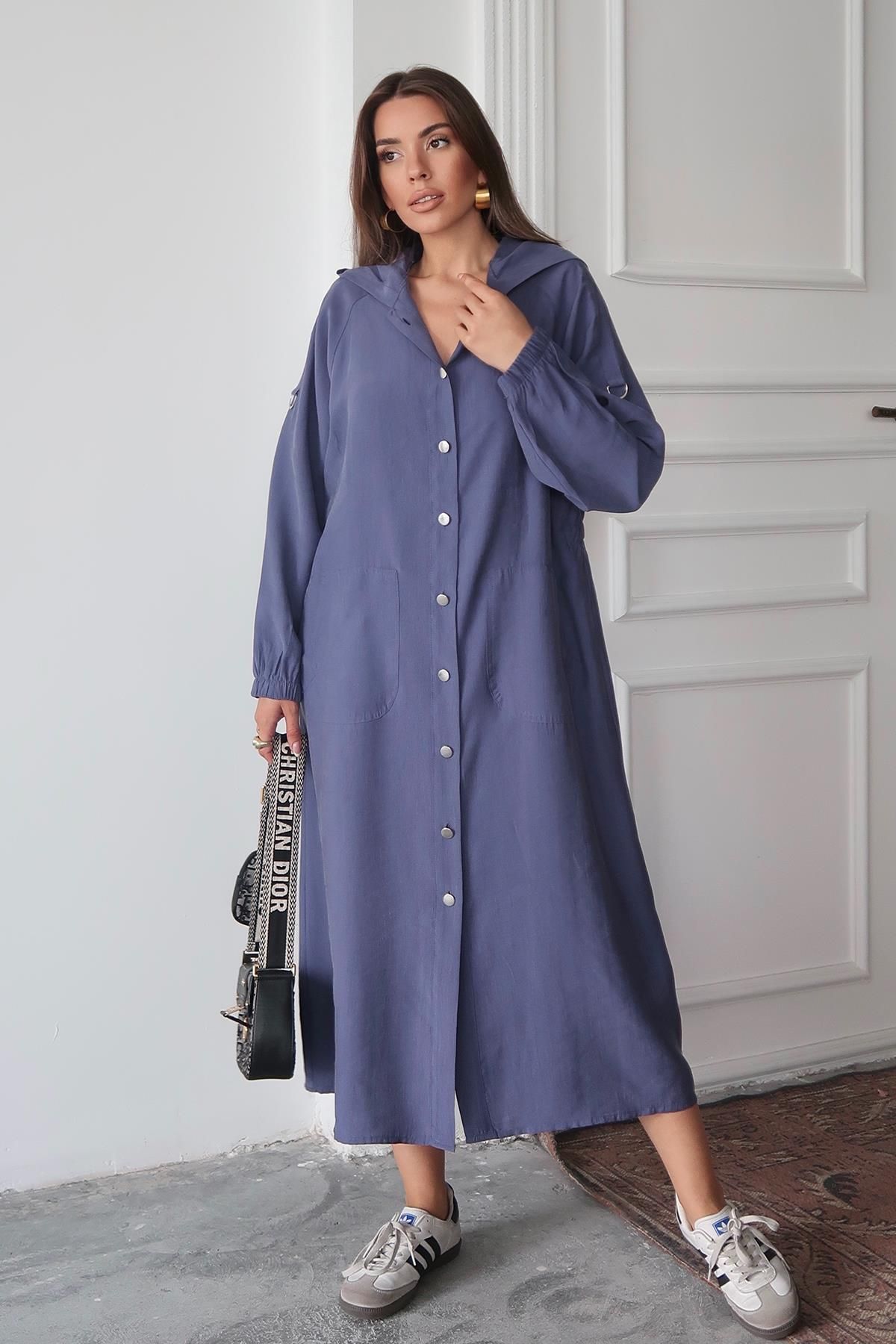 Olcay-Modal Cap with Hooded Drawstring Detail Unlined Indigo 6711-Y 5